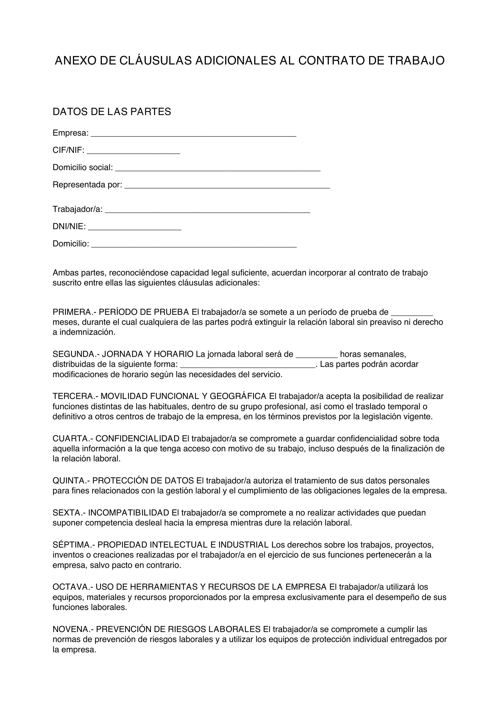 Modelo Anexo Cláusulas Adicionales Contrato De Trabajo