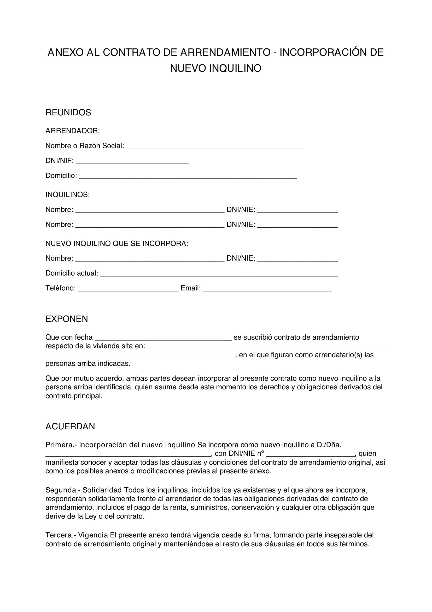 Modelo Anexo Contrato Alquiler Añadir Inquilino