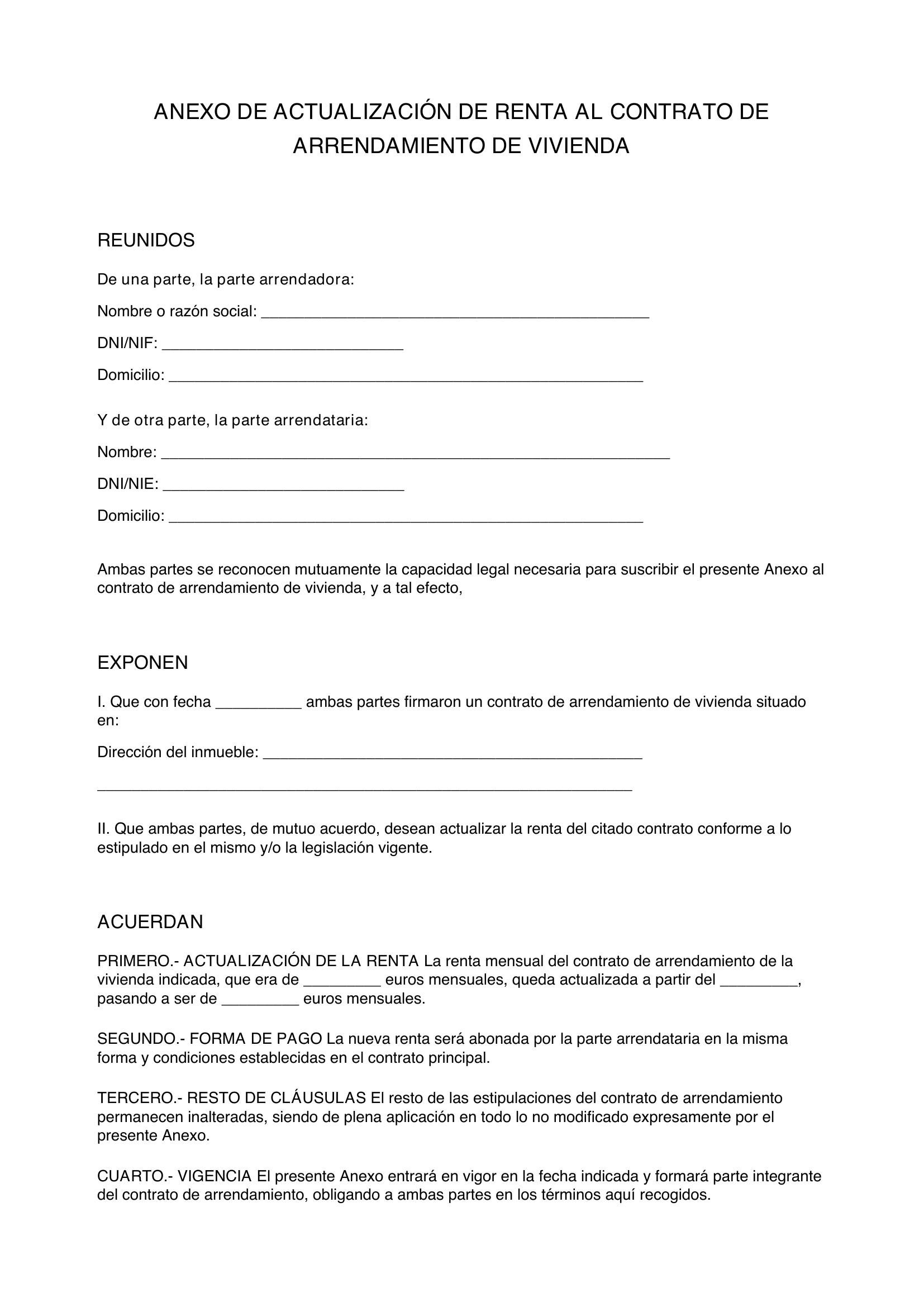 Modelo Anexo Contrato Alquiler Subida Precio