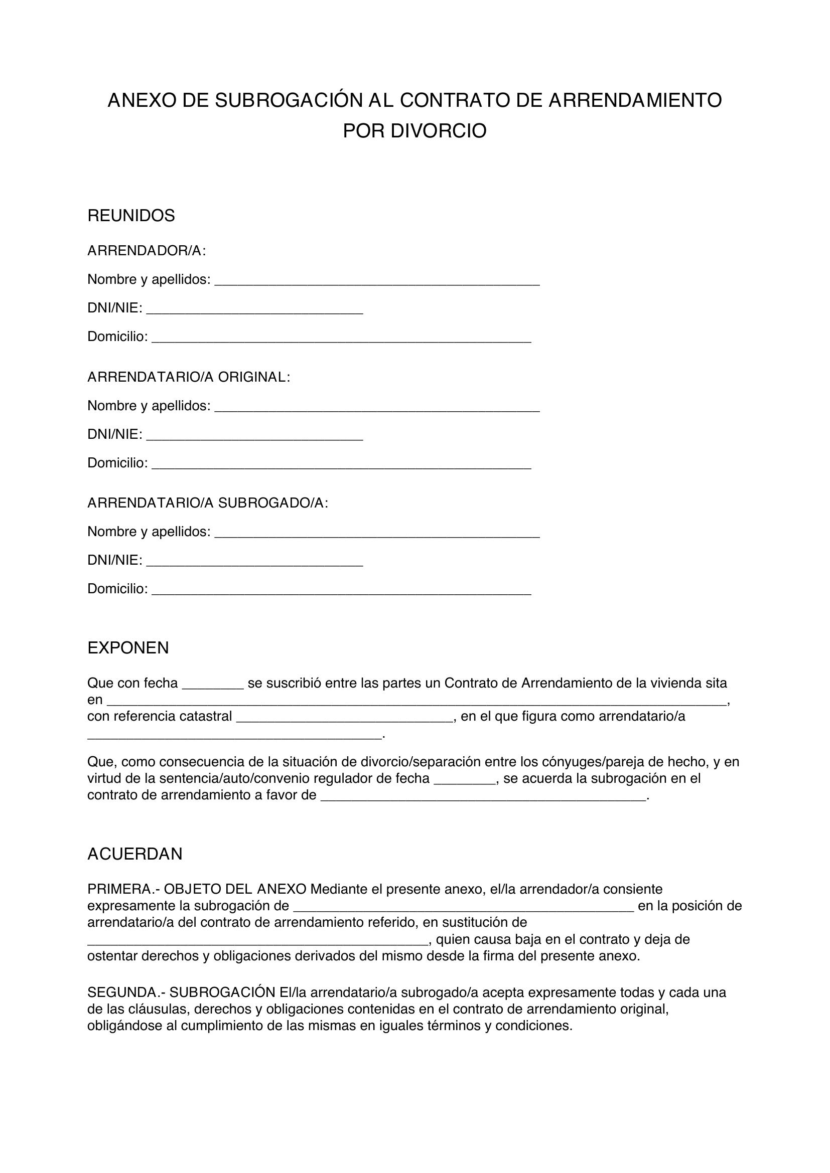 Modelo Anexo Subrogación Contrato Arrendamiento Por Divorcio