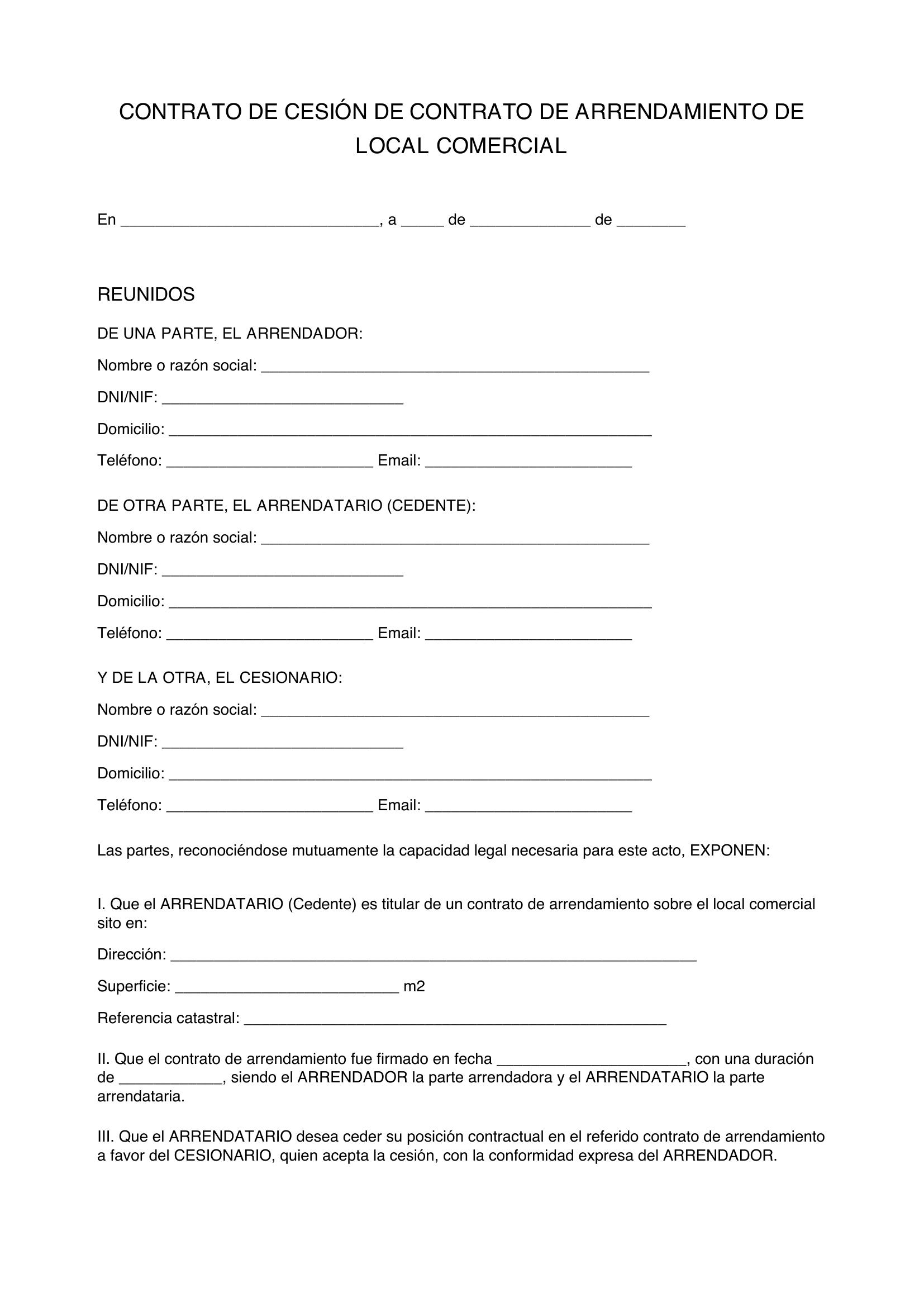 Modelo De Cesion De Contrato De Arrendamiento De Local Comercial