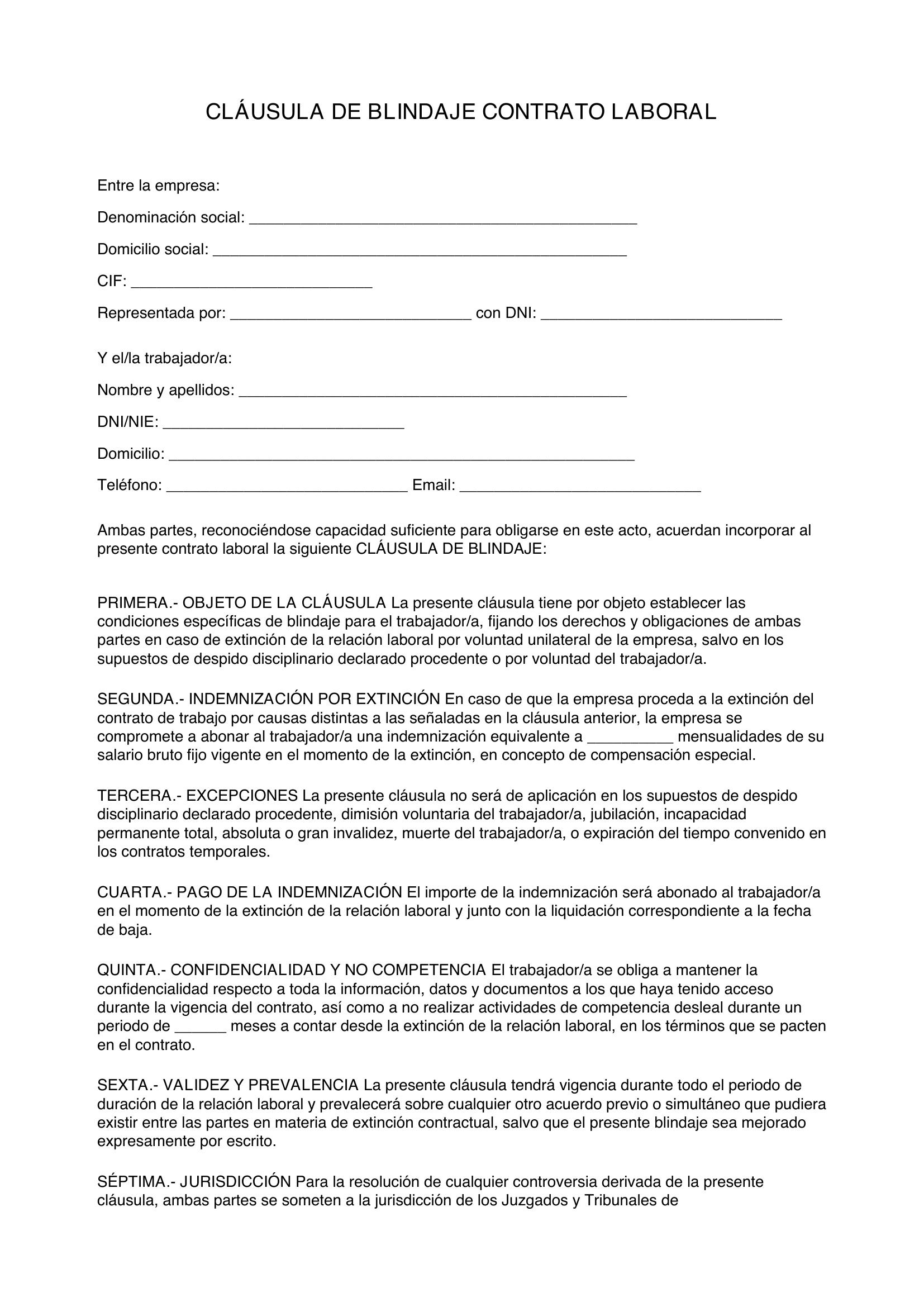 Modelo Cláusula Blindaje Contrato Laboral