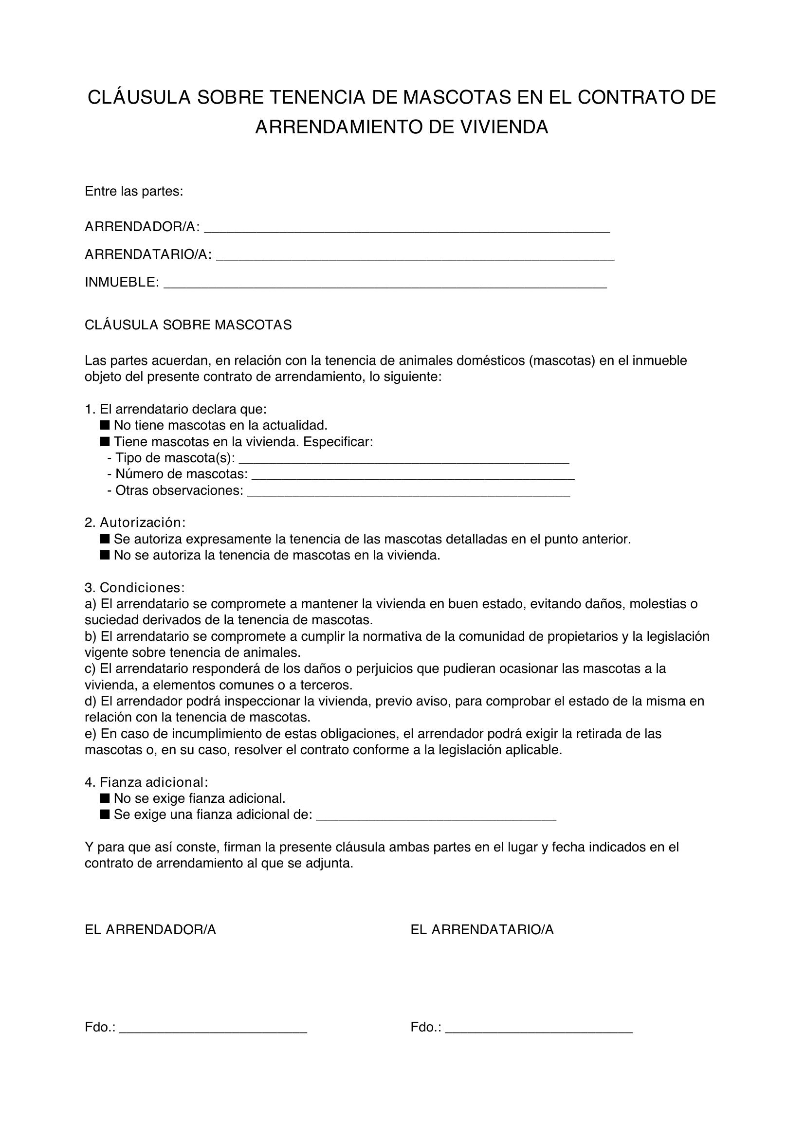 Modelo Cláusula En Contrato De Alquiler Sobre Mascotas