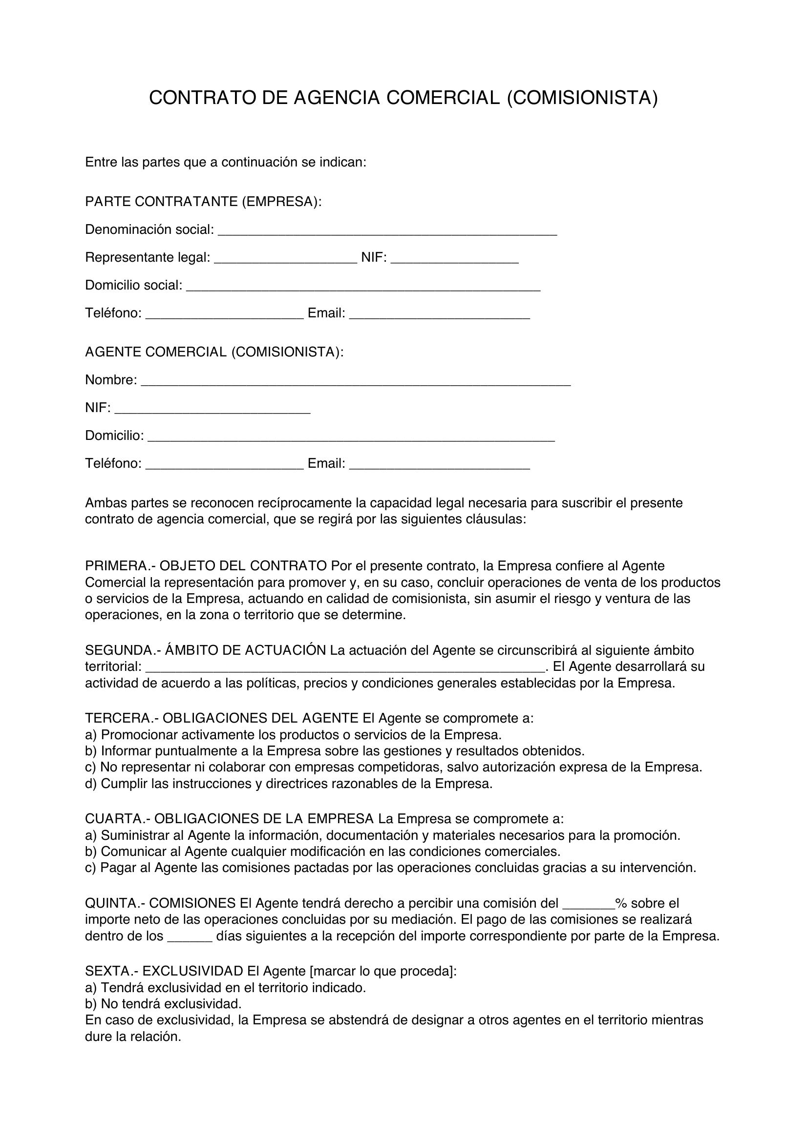 Modelo Contrato Agente Comercial Comisionista