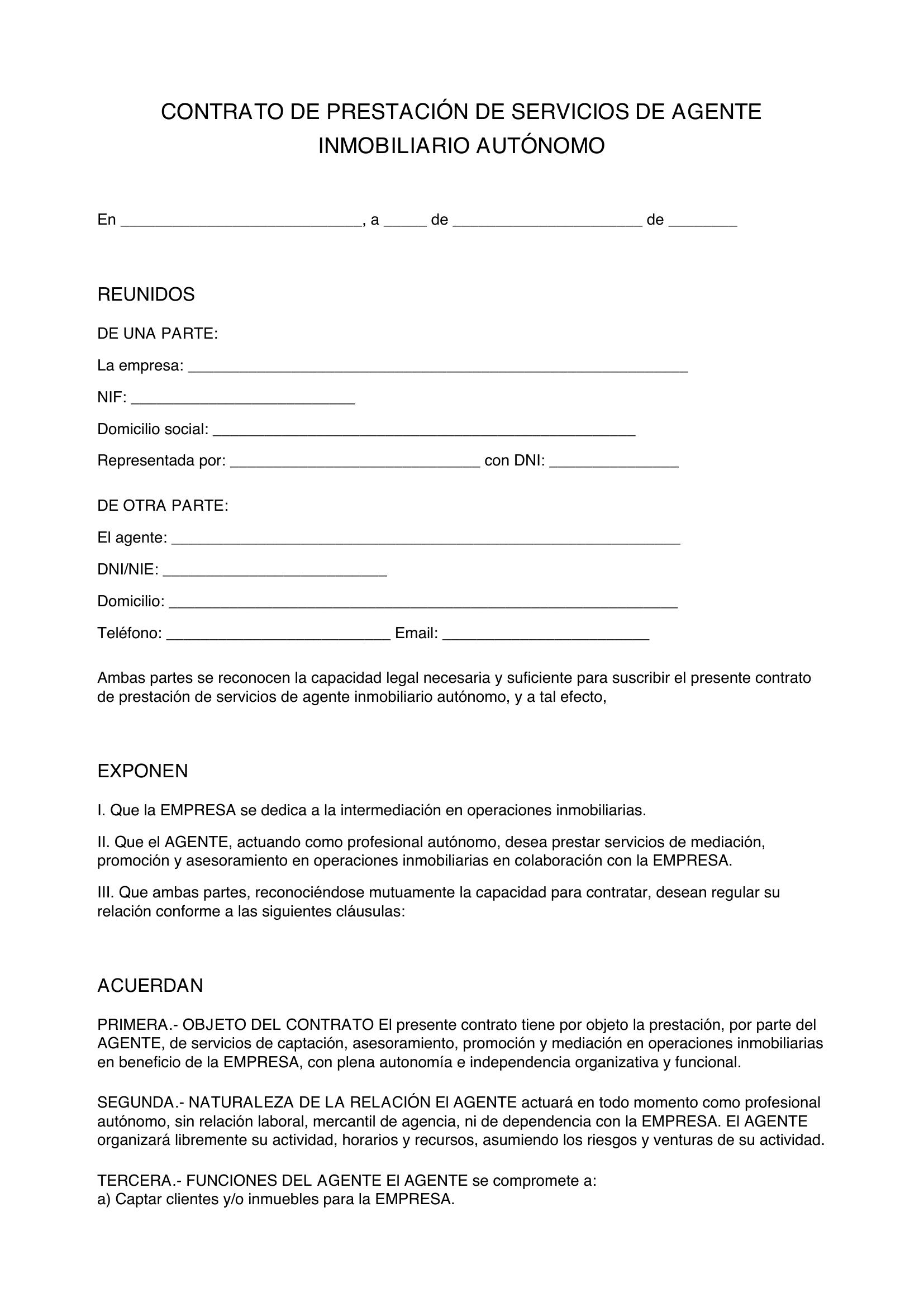 Modelo Contrato Agente Inmobiliario Autónomo