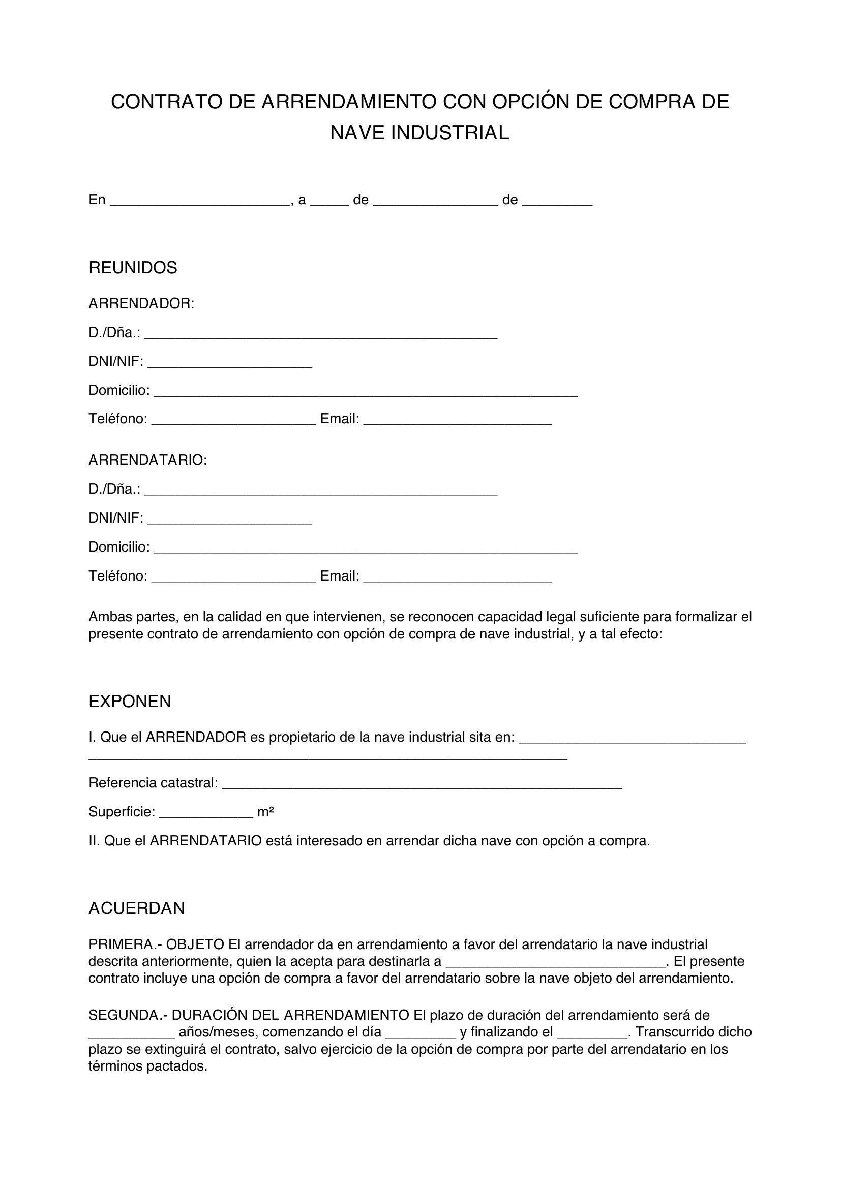 Modelo Contrato Alquiler Con Opción A Compra Nave Industrial