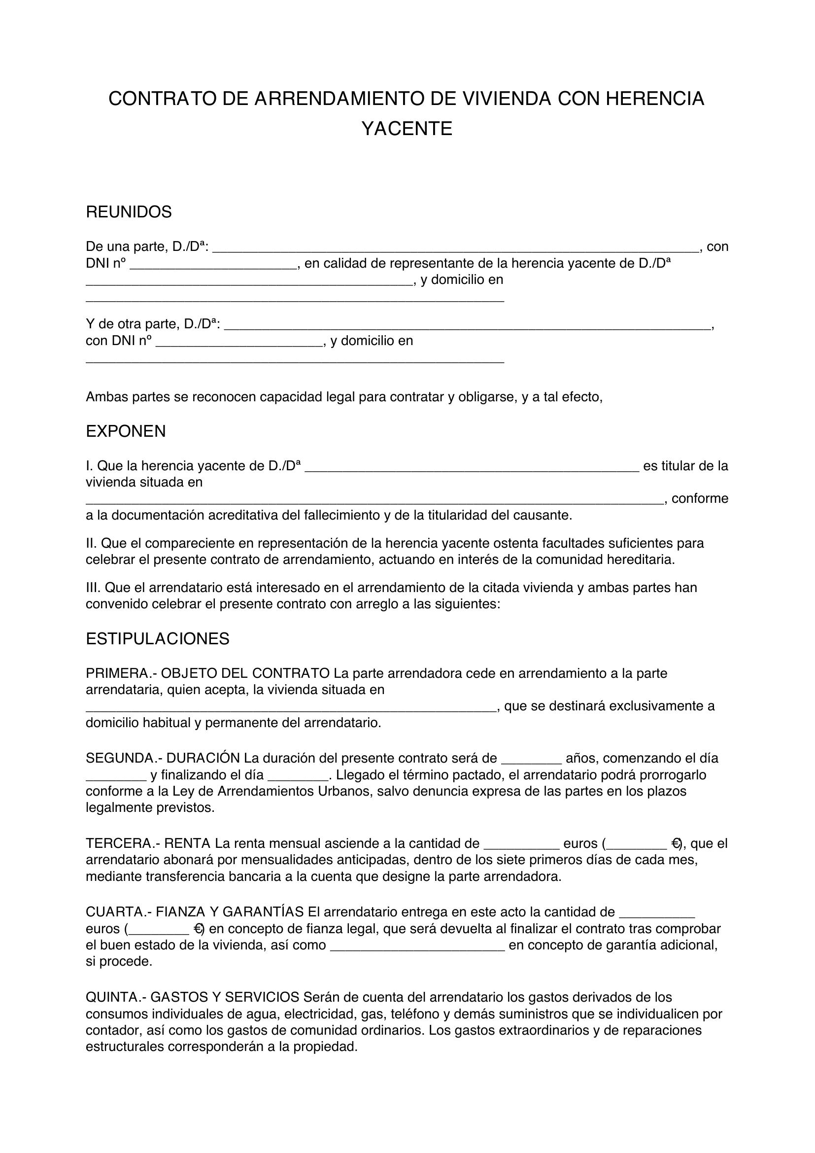 Modelo Contrato Alquiler Herencia Yacente