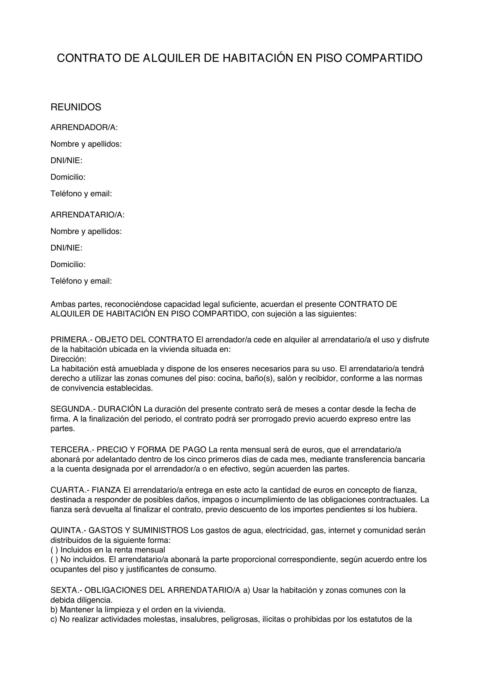Modelo Contrato Alquiler Piso Compartido