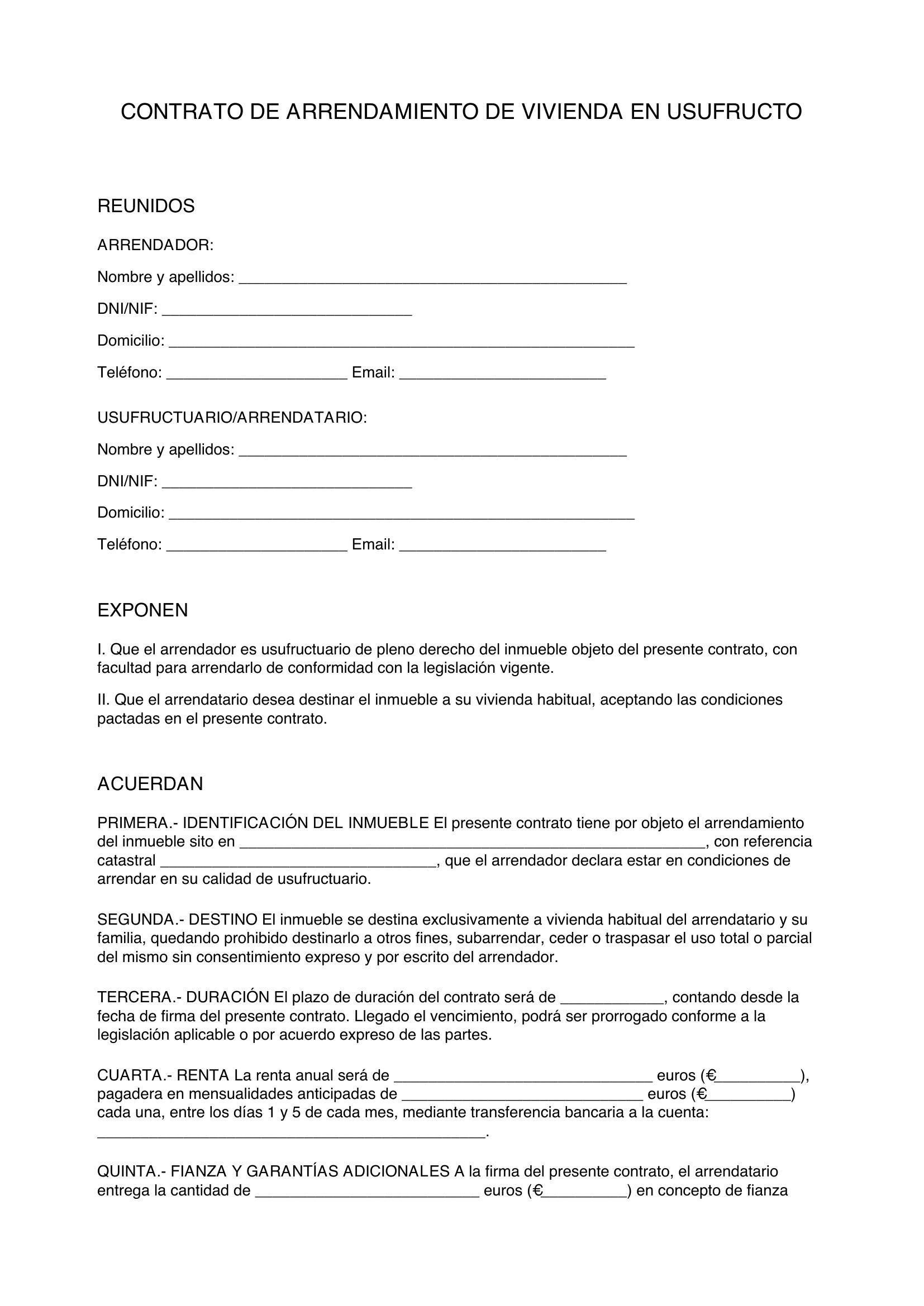 Modelo Contrato Alquiler Usufructo