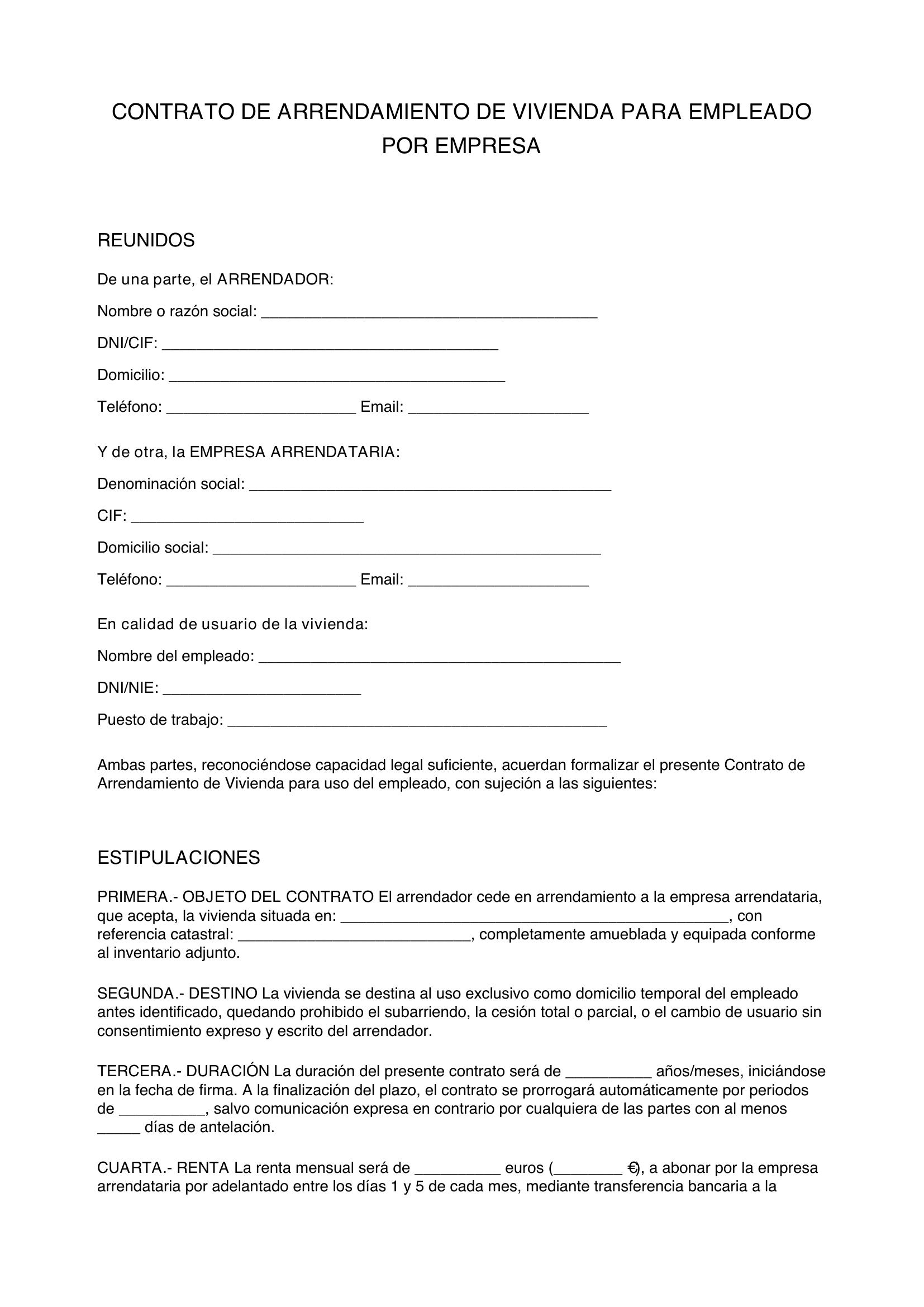 Modelo Contrato Alquiler Vivienda Empresa Para Empleado