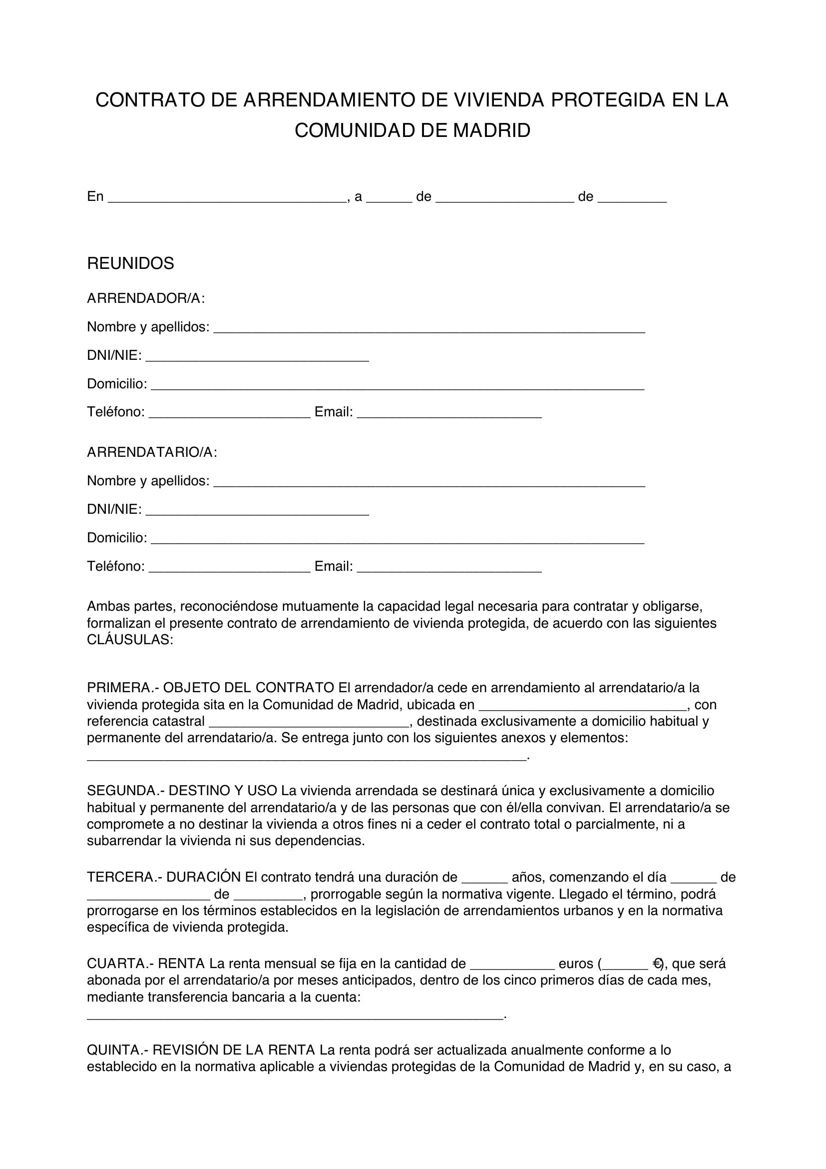 Modelo Contrato Alquiler Vivienda Protegida Madrid