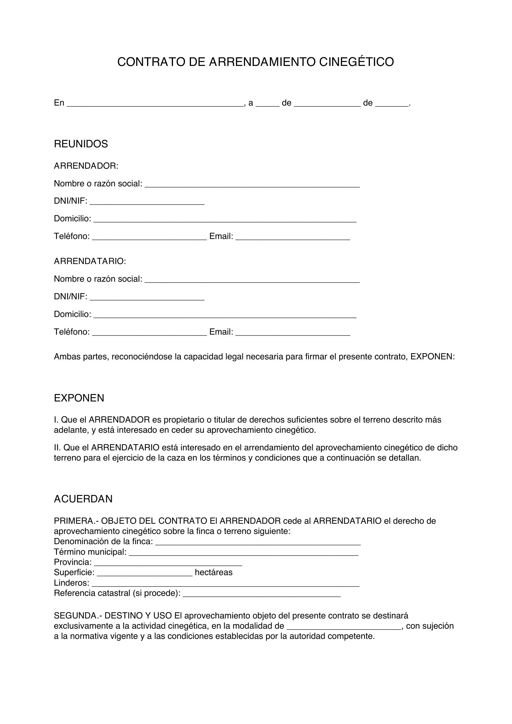 Modelo Contrato Arrendamiento Cinegético