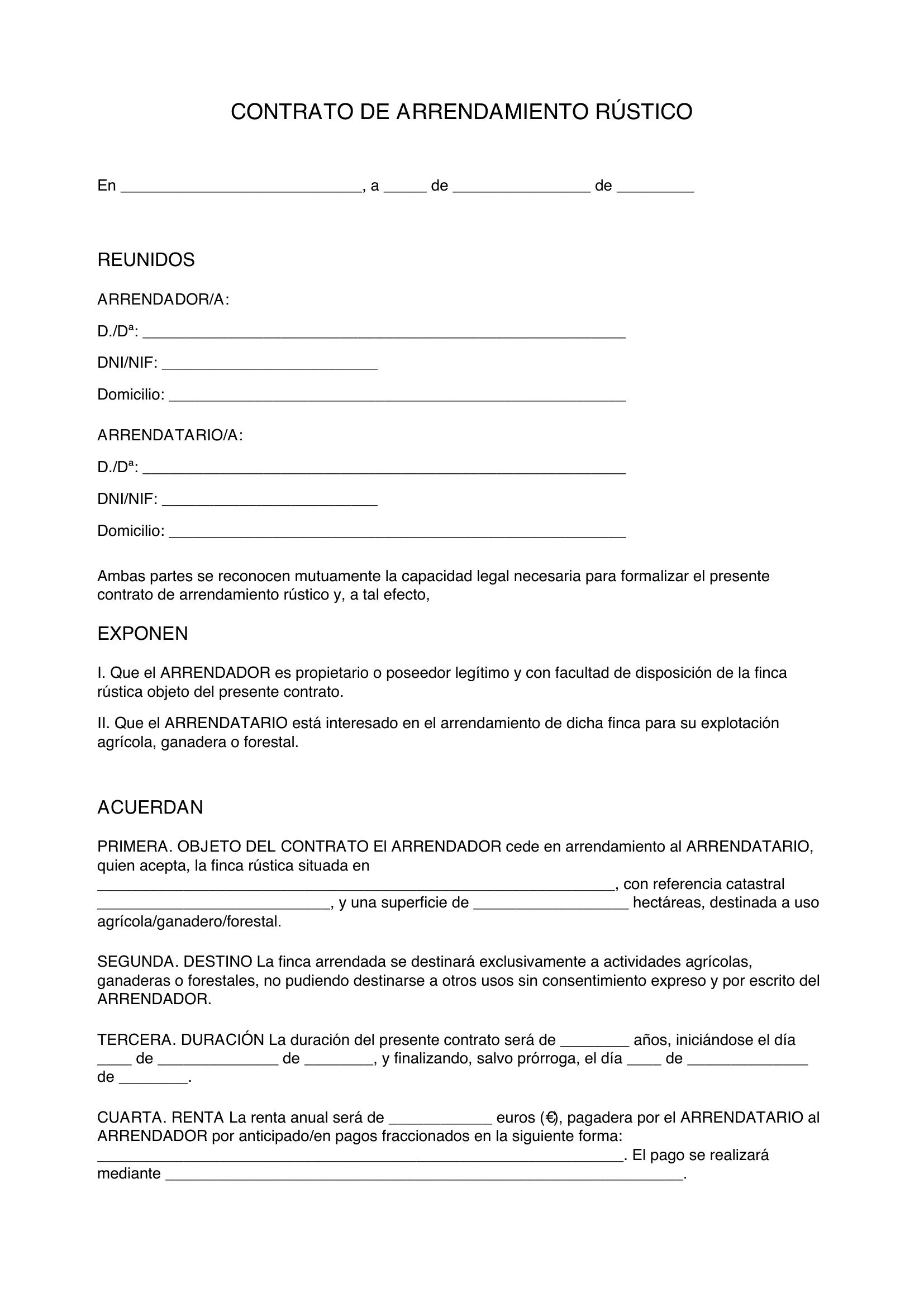 Modelo Contrato Arrendamiento Rústico Sencillo