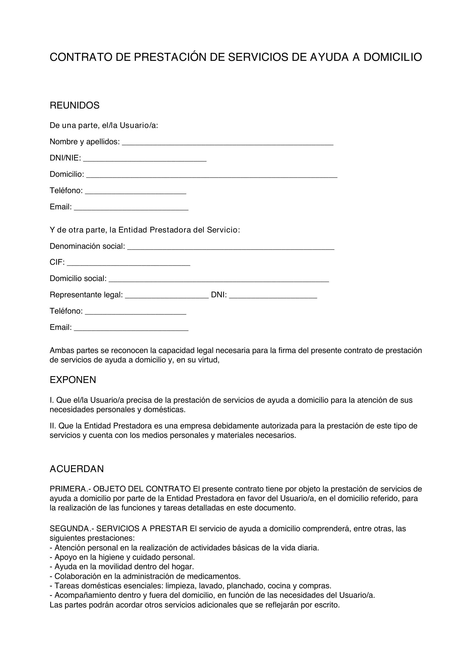 Modelo Contrato Ayuda A Domicilio