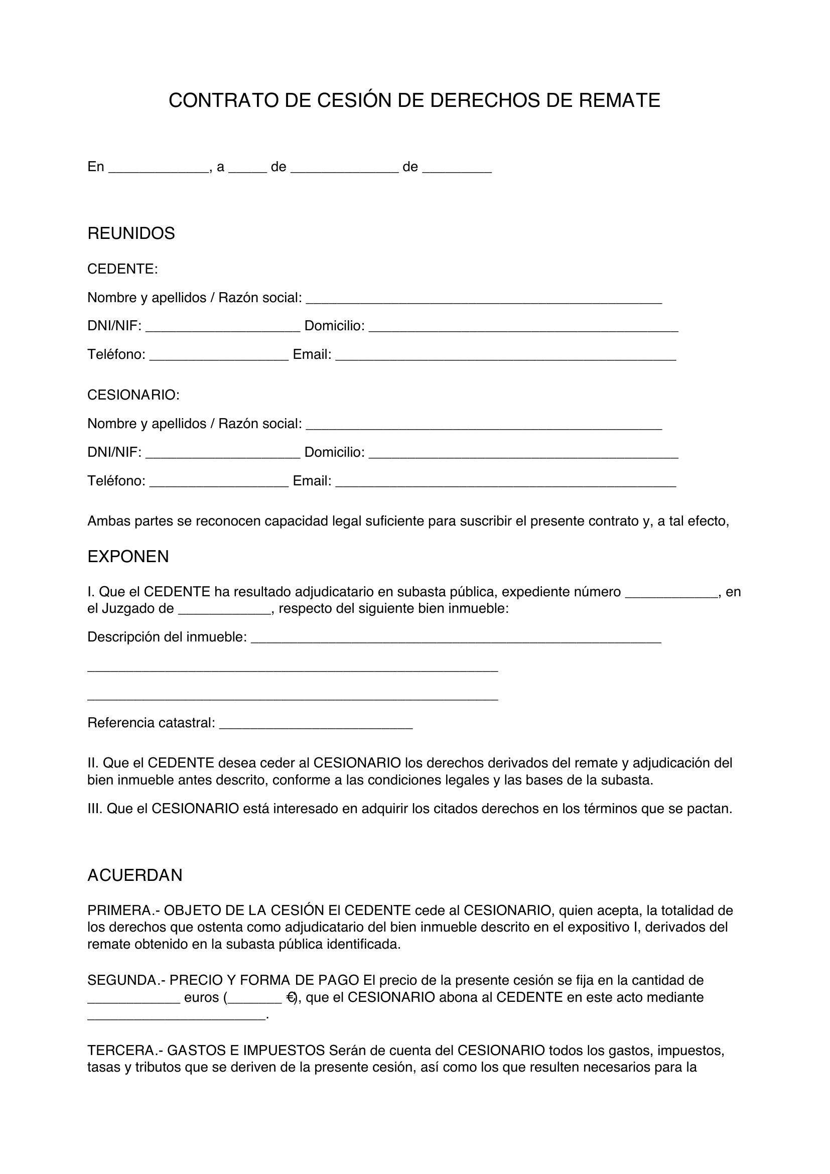 Modelo Contrato Cesión De Remate