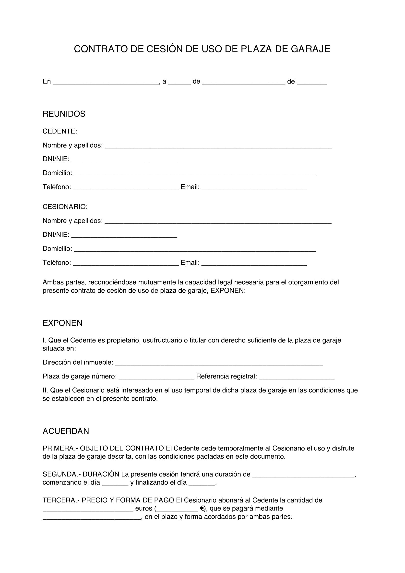 Modelo Contrato Cesión Uso Plaza Garaje