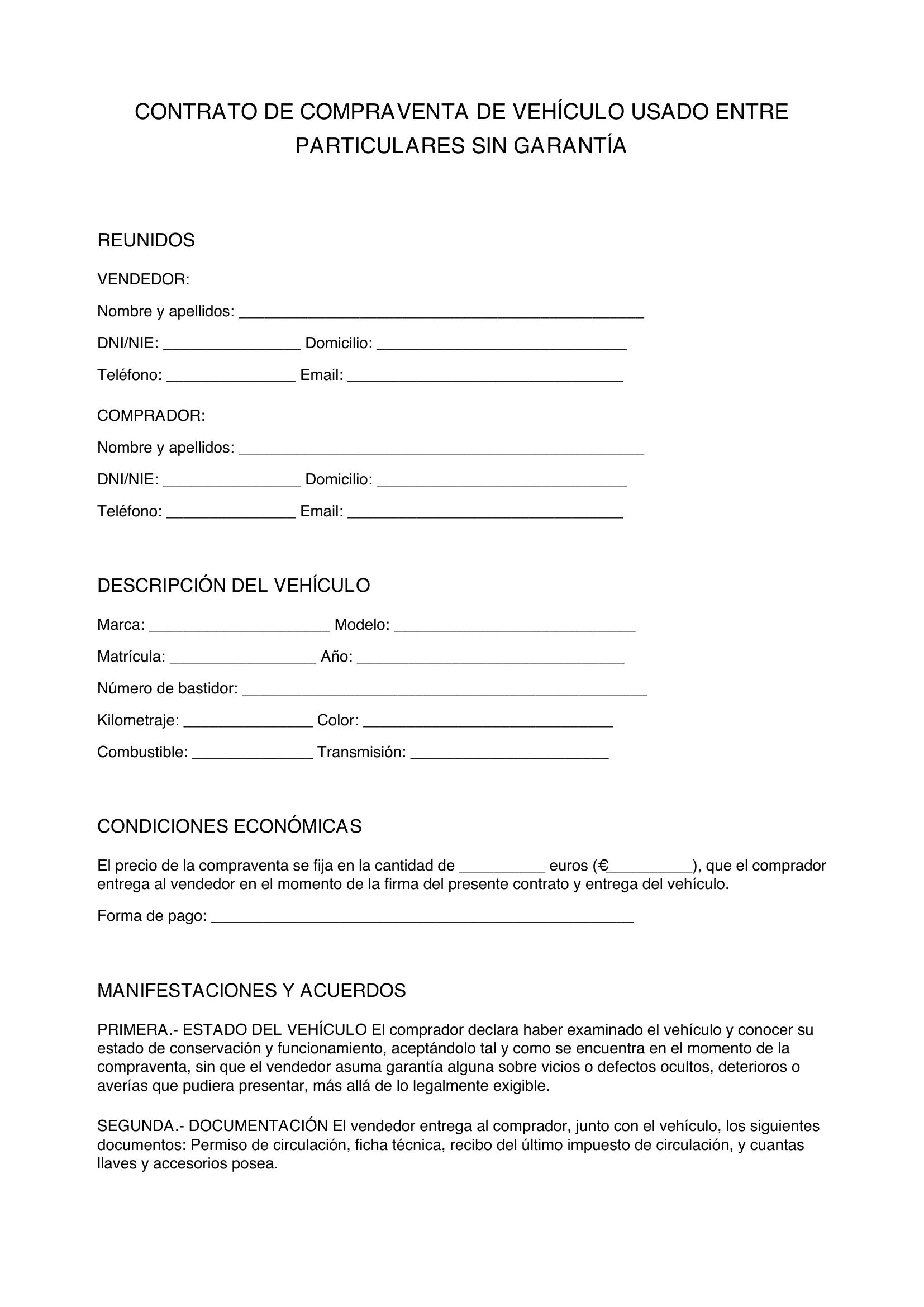 Contrato Compraventa Coche Sin Garantía