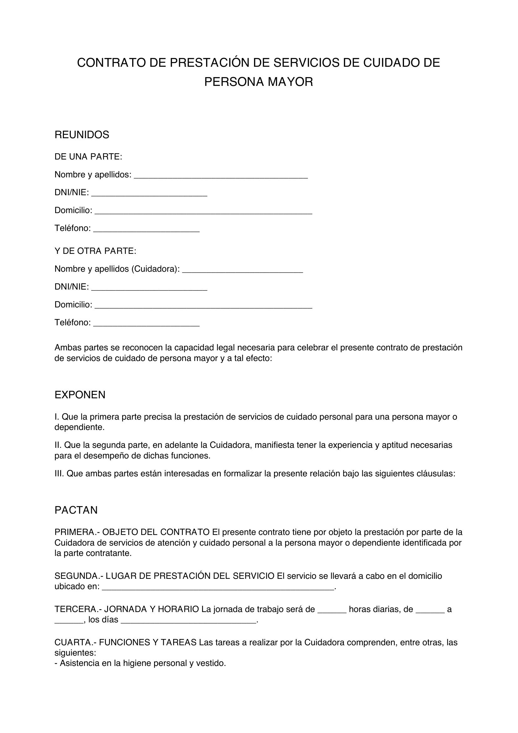 Modelo Contrato Cuidadora Ancianos