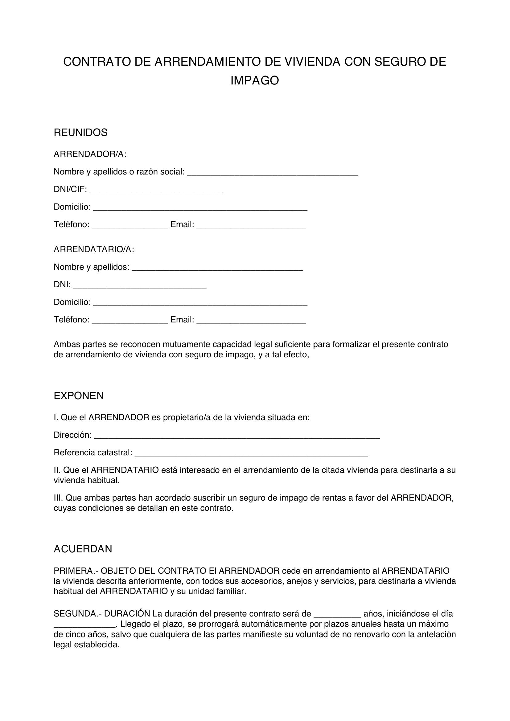 Modelo Contrato De Alquiler Con Seguro De Impago