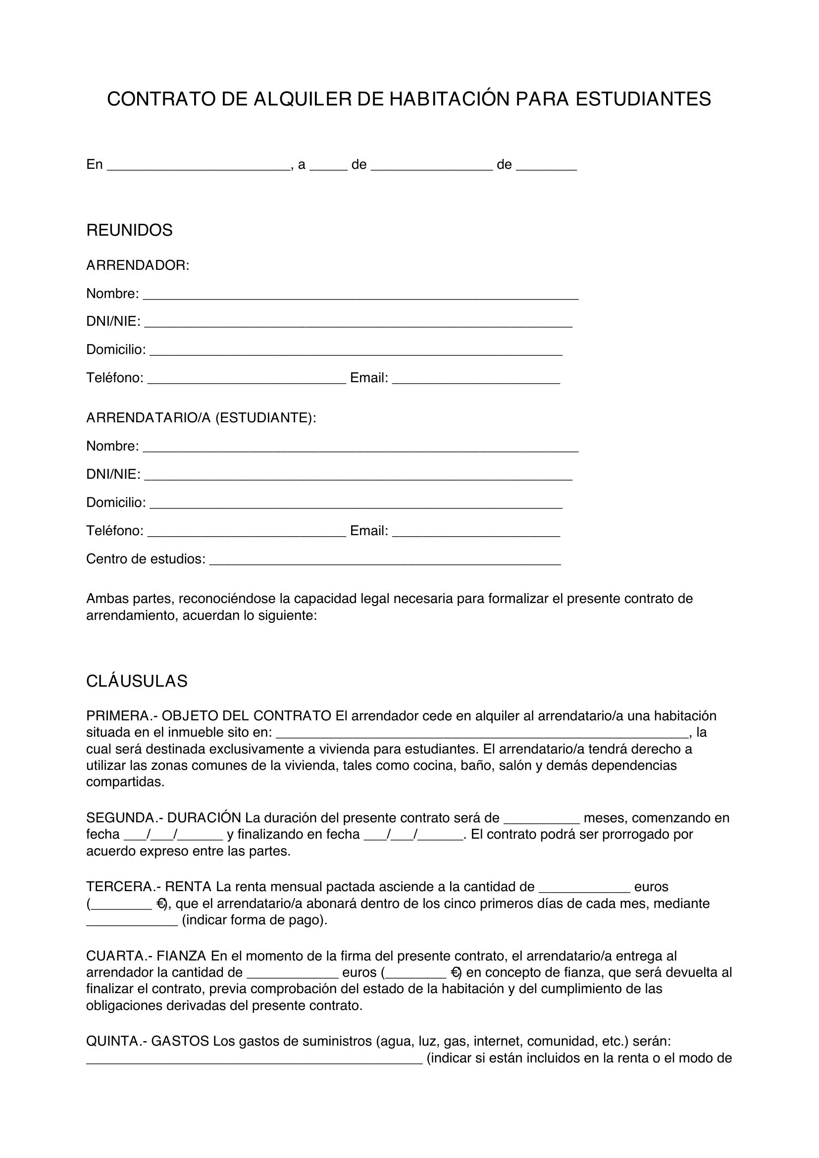 Modelo Contrato De Alquiler De Habitaciones Para Estudiantes