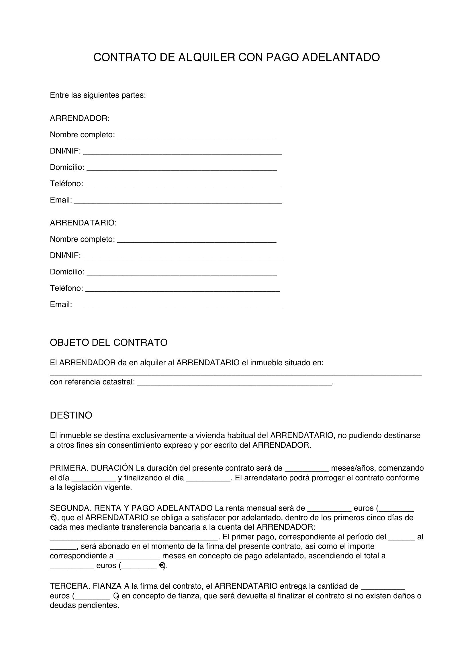 Modelo De Contrato De Alquiler Pago Adelantado