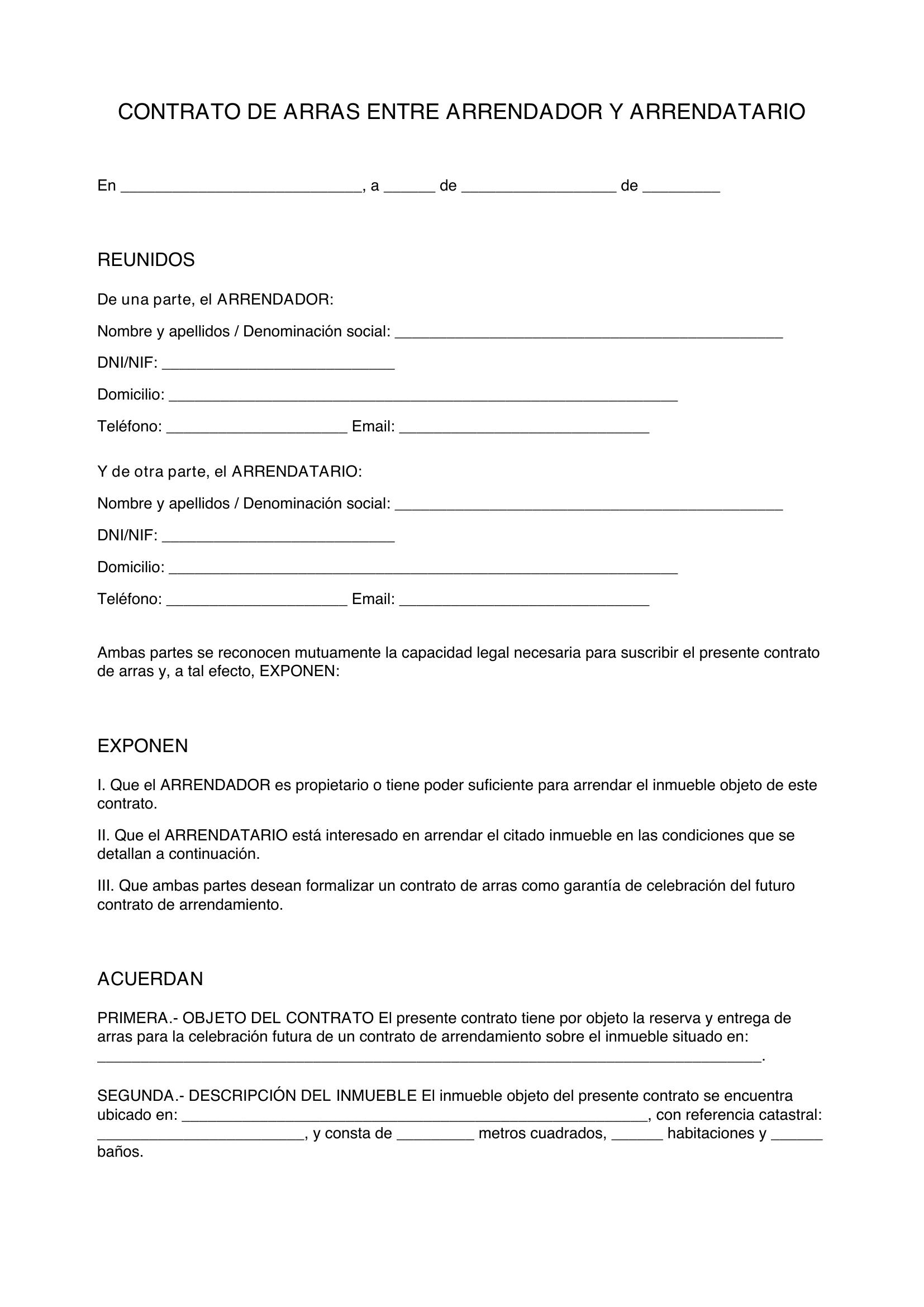 Modelo Contrato De Arras Con Inquilino