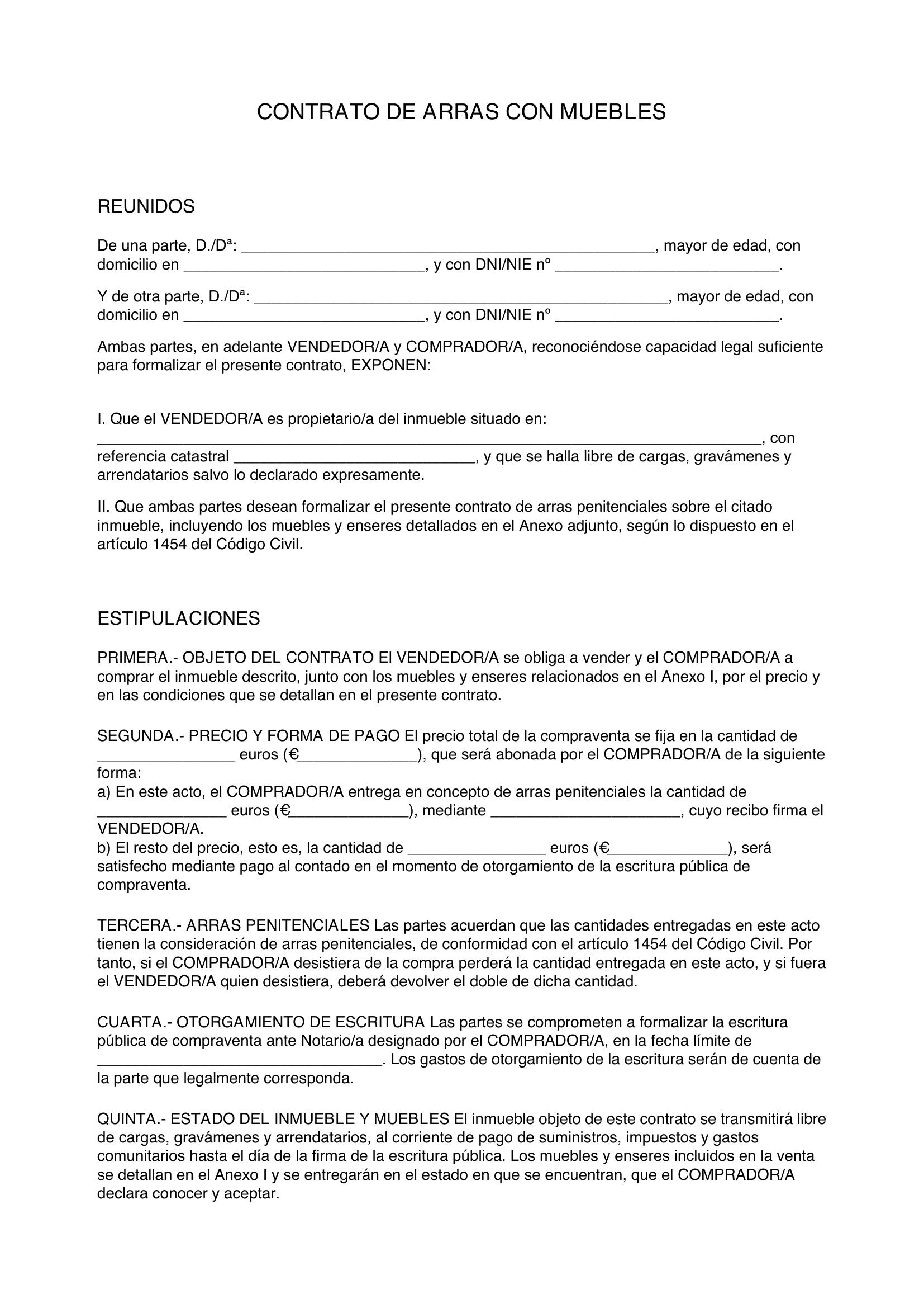 Contrato De Arras Con Muebles