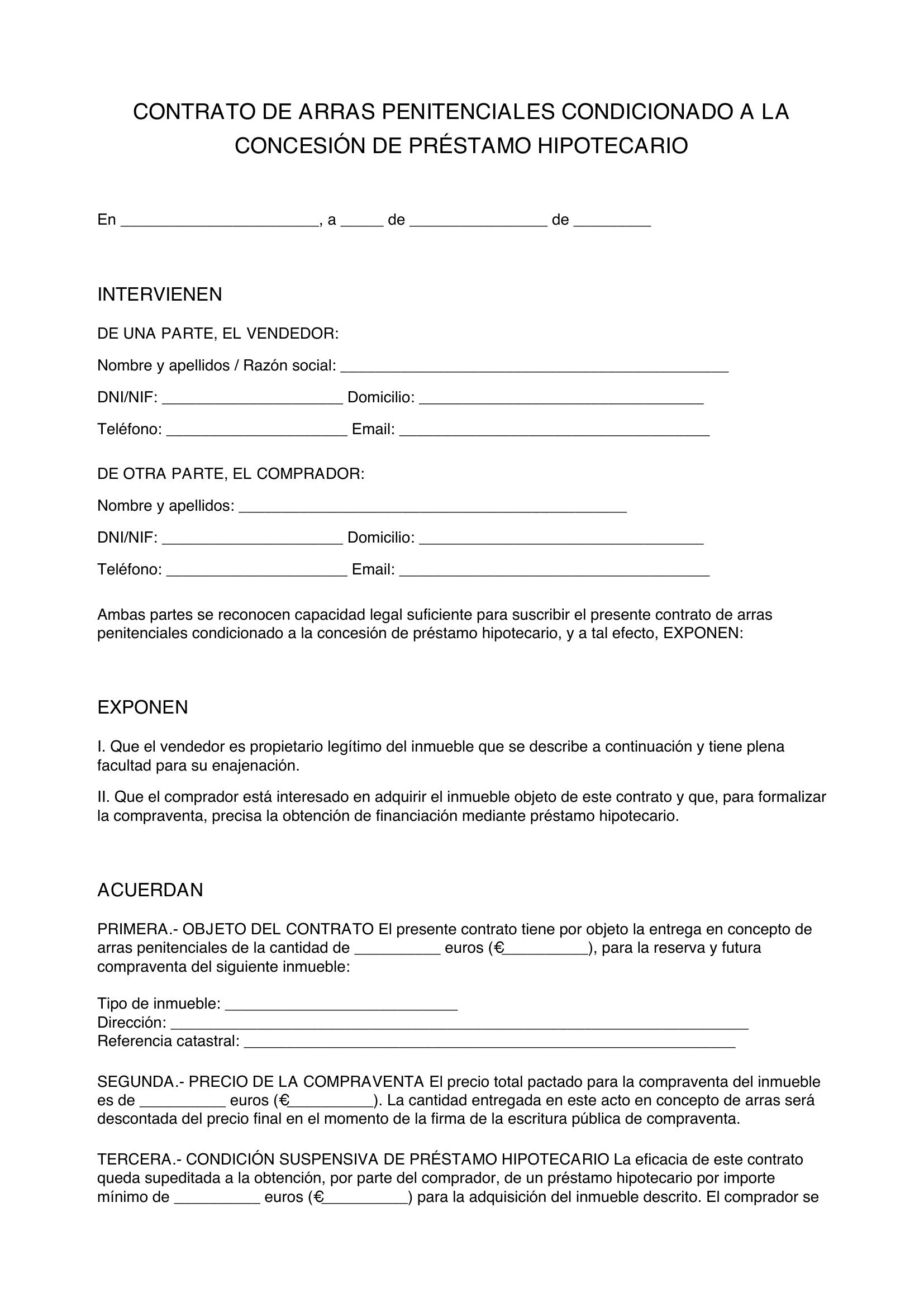 Modelo Contrato De Arras Condicionado A Hipoteca