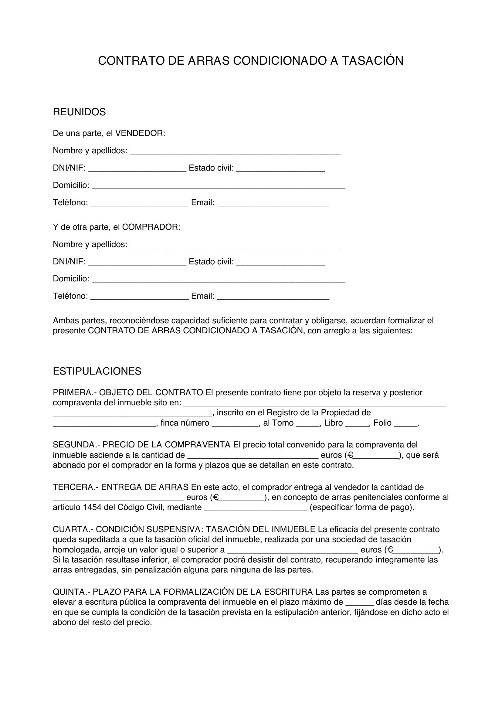 Modelo Contrato De Arras Condicionado A Tasación
