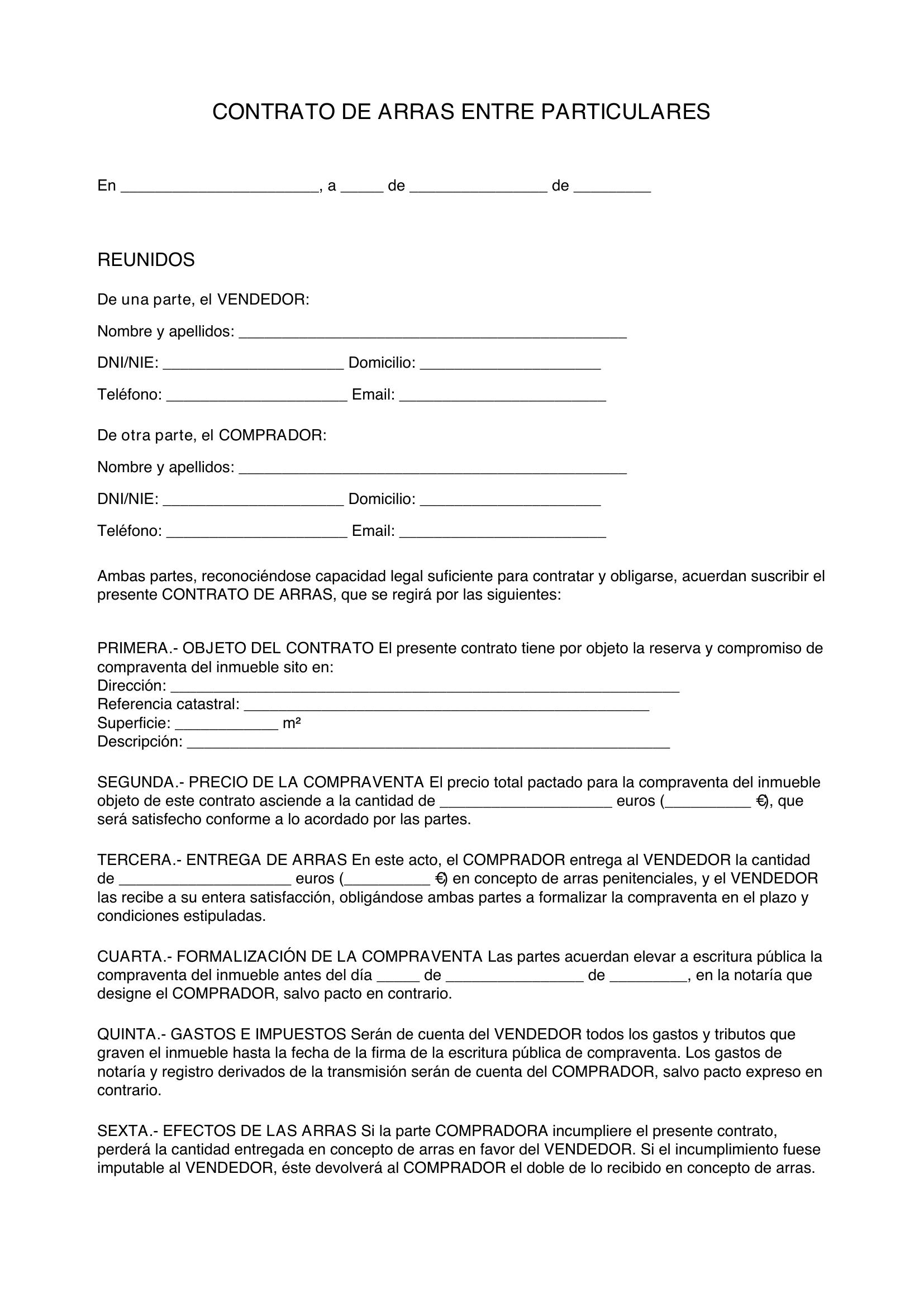 Contrato De Arras Entre Particulares Modelo