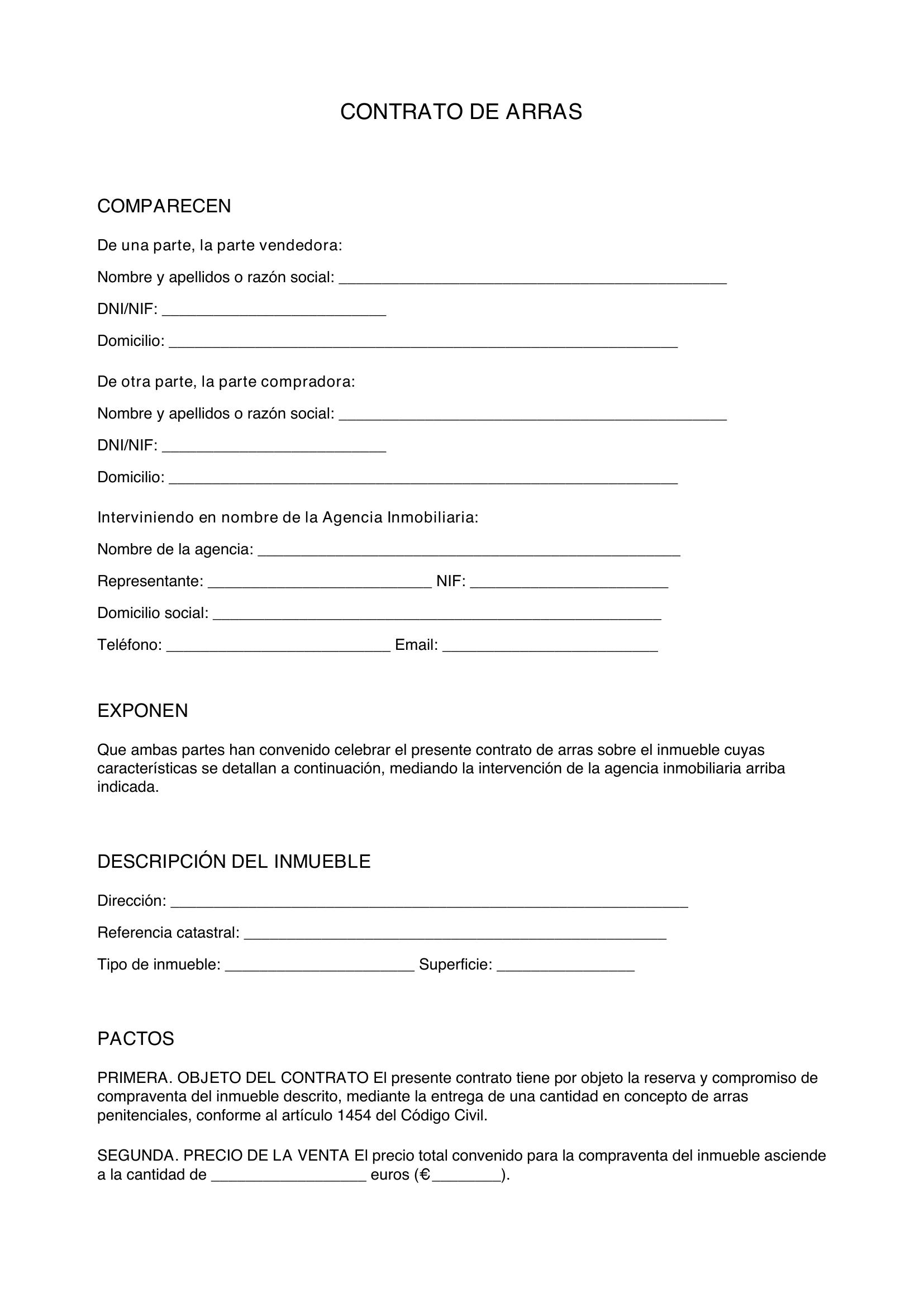 Modelo Contrato De Arras Firmado Por Inmobiliaria