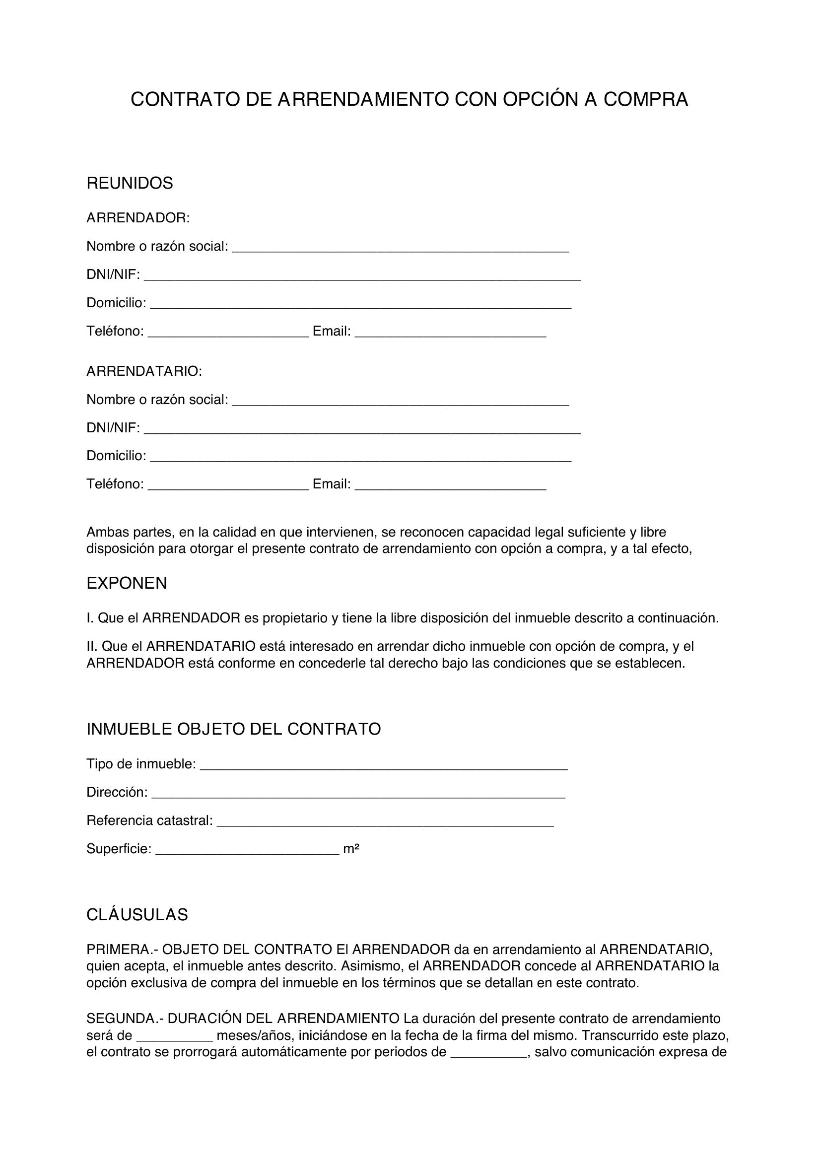 Contrato De Arrendamiento Con Opción A Compra