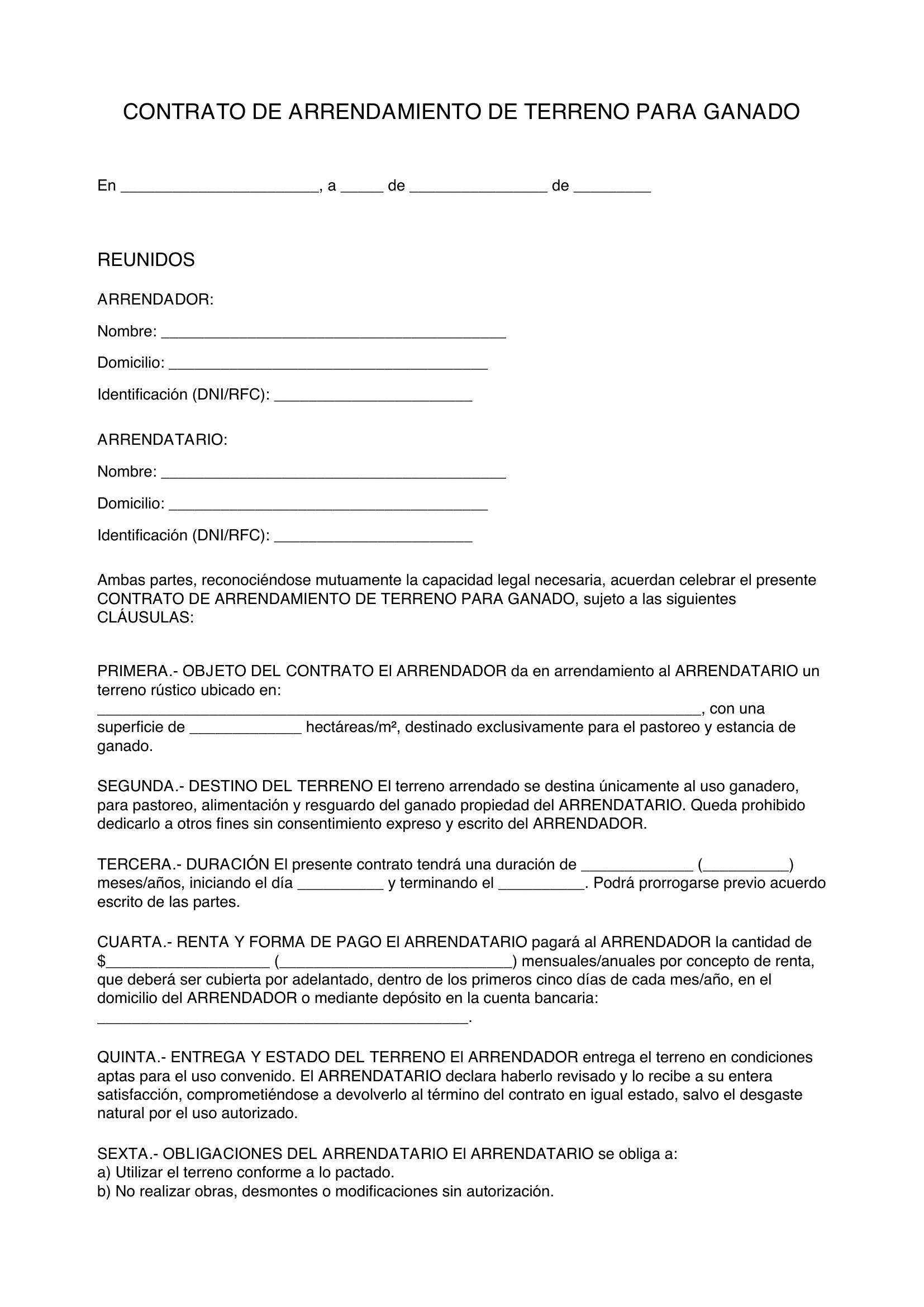 Contrato De Arrendamiento De Terreno Para Ganado
