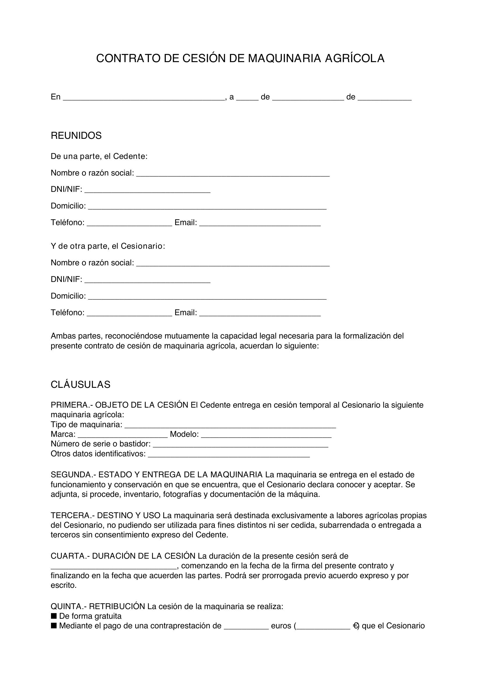 Modelo De Contrato De Cesión De Maquinaria Agrícola
