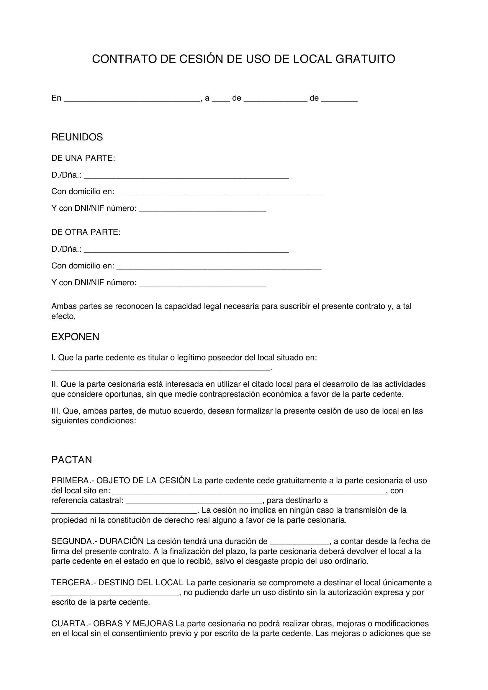 Contrato De Cesión De Uso De Local Gratuito