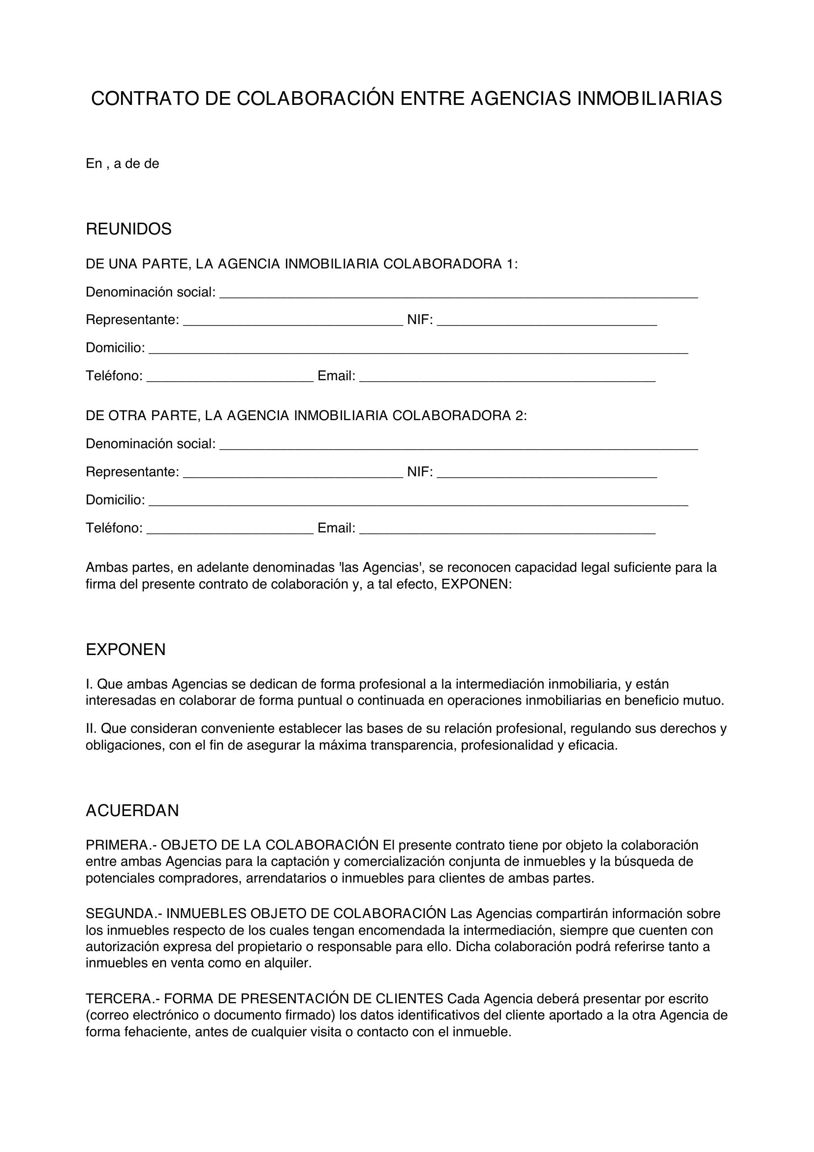 Modelo De Contrato De Colaboración Entre Agencias Inmobiliarias