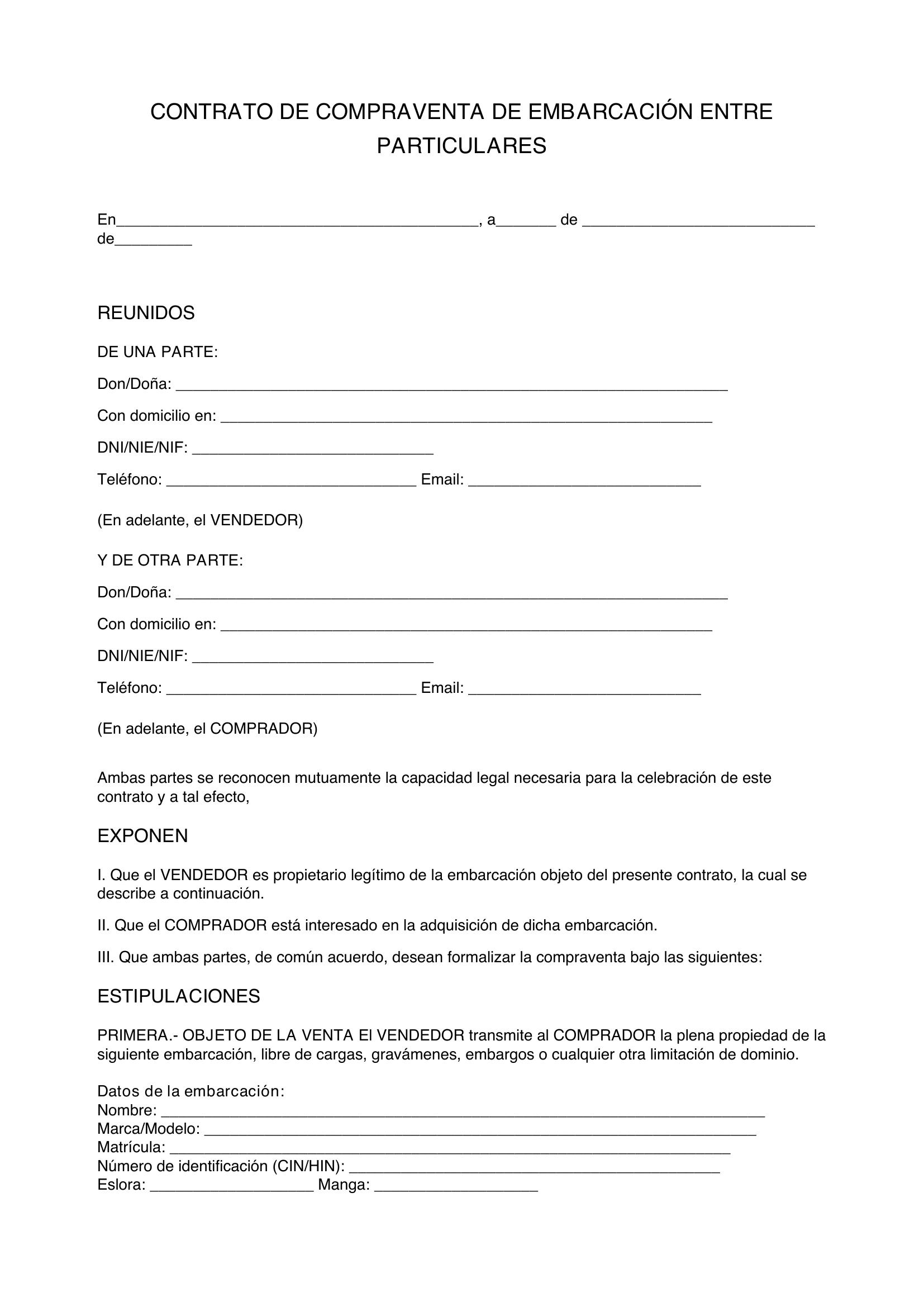 Modelo De Contrato De Compraventa De Embarcaciones Entre Particulares