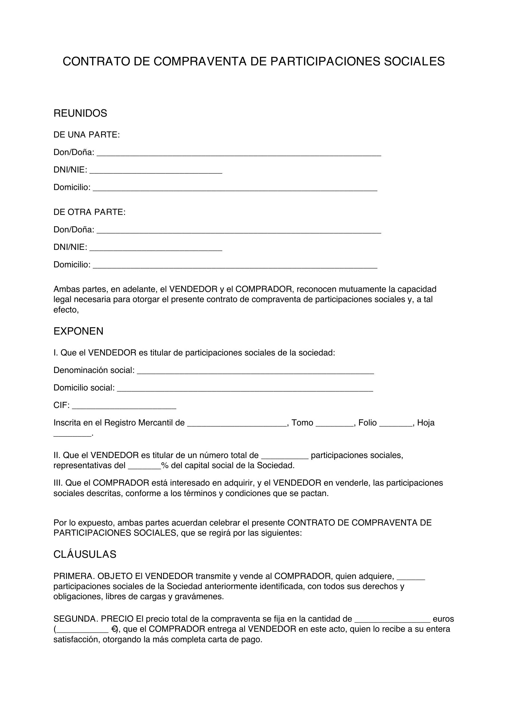Contrato De Compraventa De Participaciones Sociales