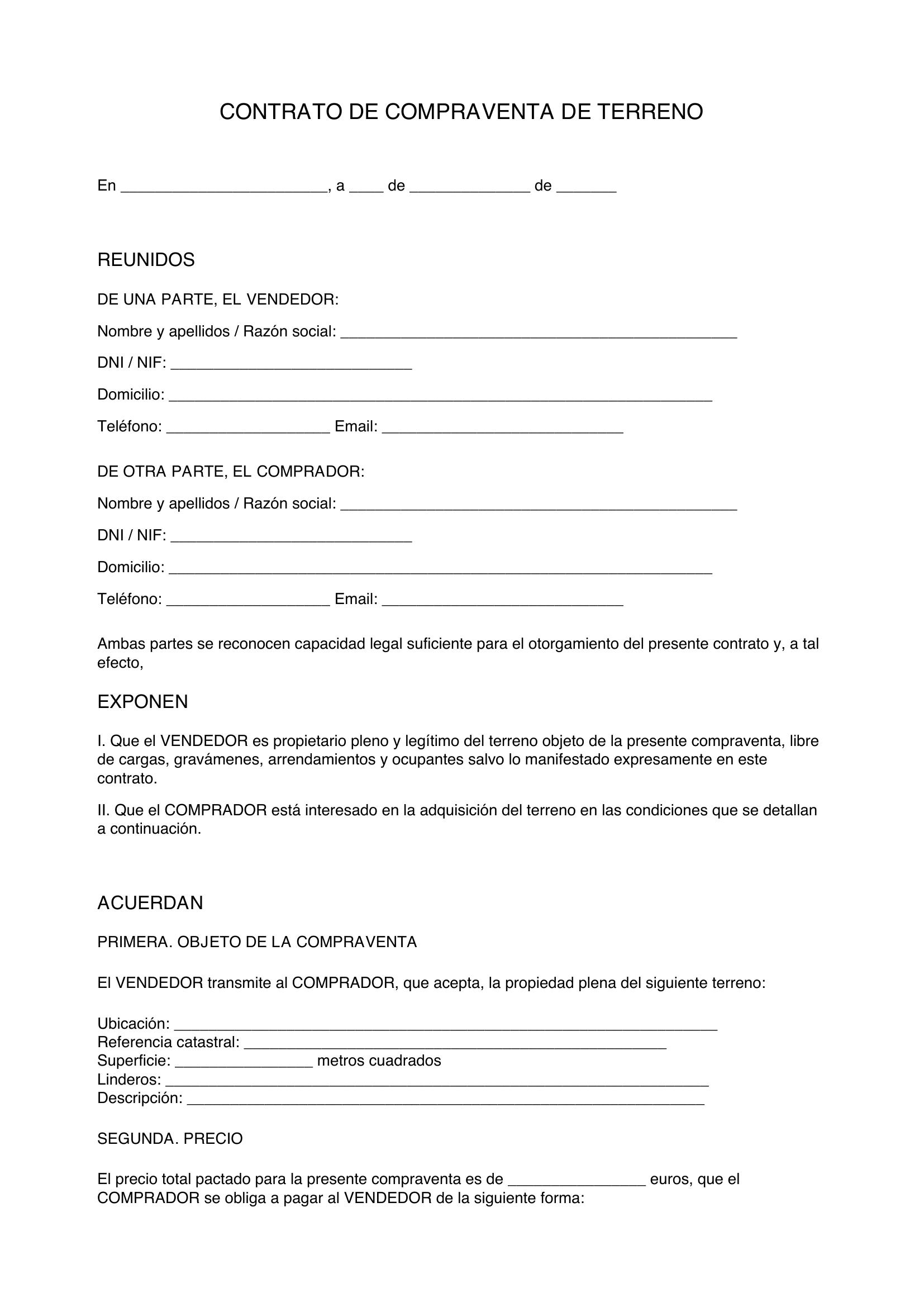 Plantilla Contrato De Compraventa Terreno