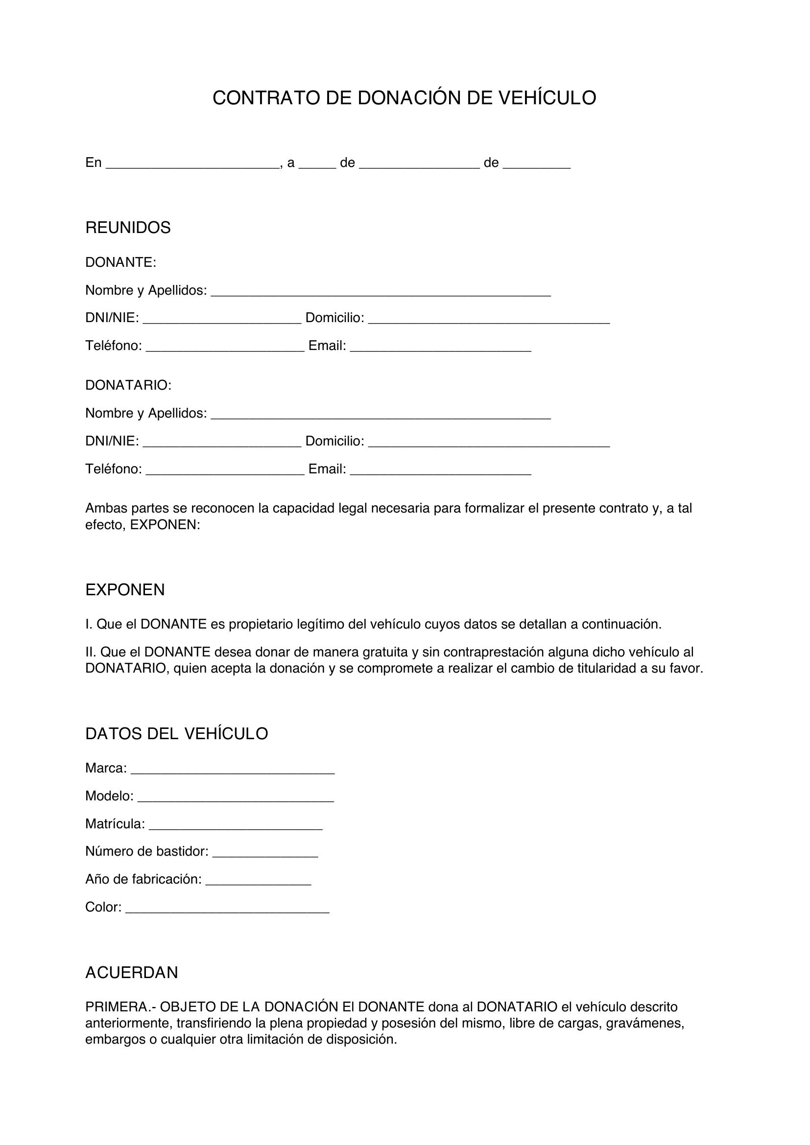 Contrato De Donación De Vehículo Formato