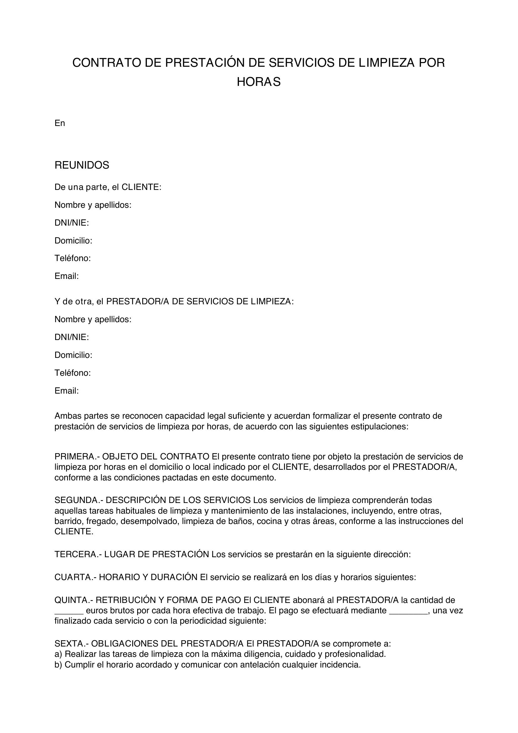 Modelo Contrato De Limpieza Por Horas