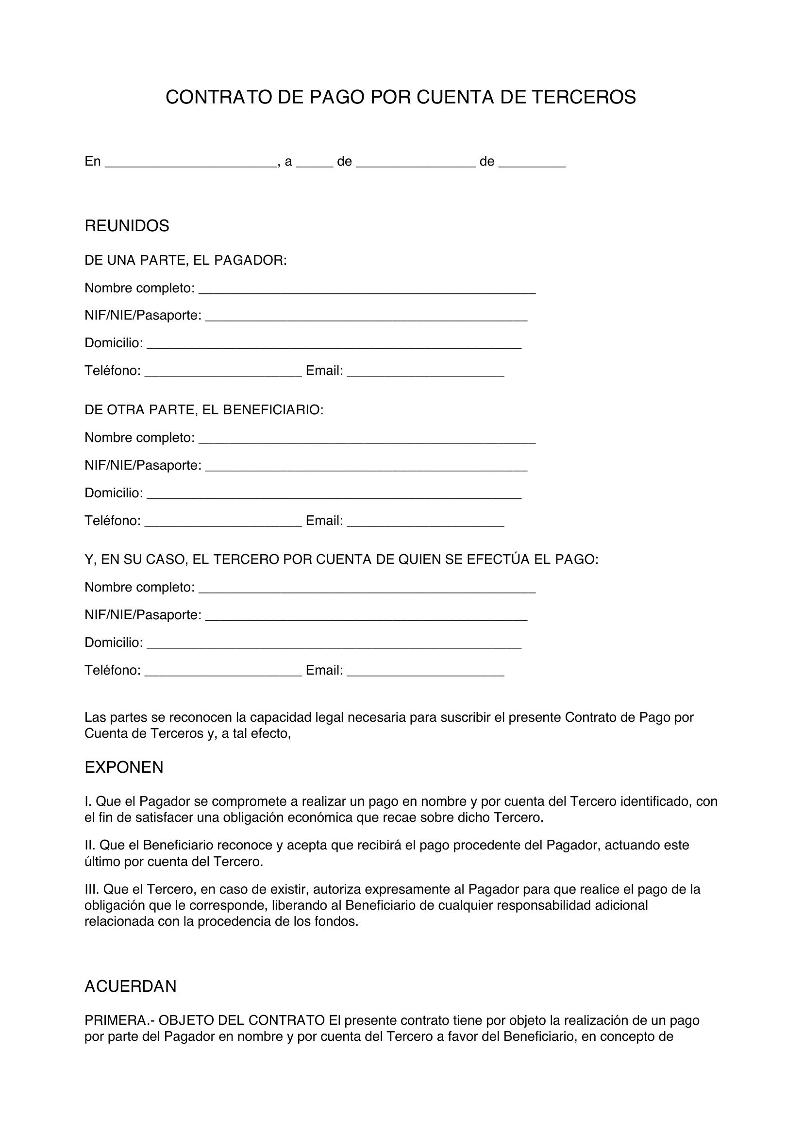 Modelo De Contrato De Pago Por Cuenta De Terceros
