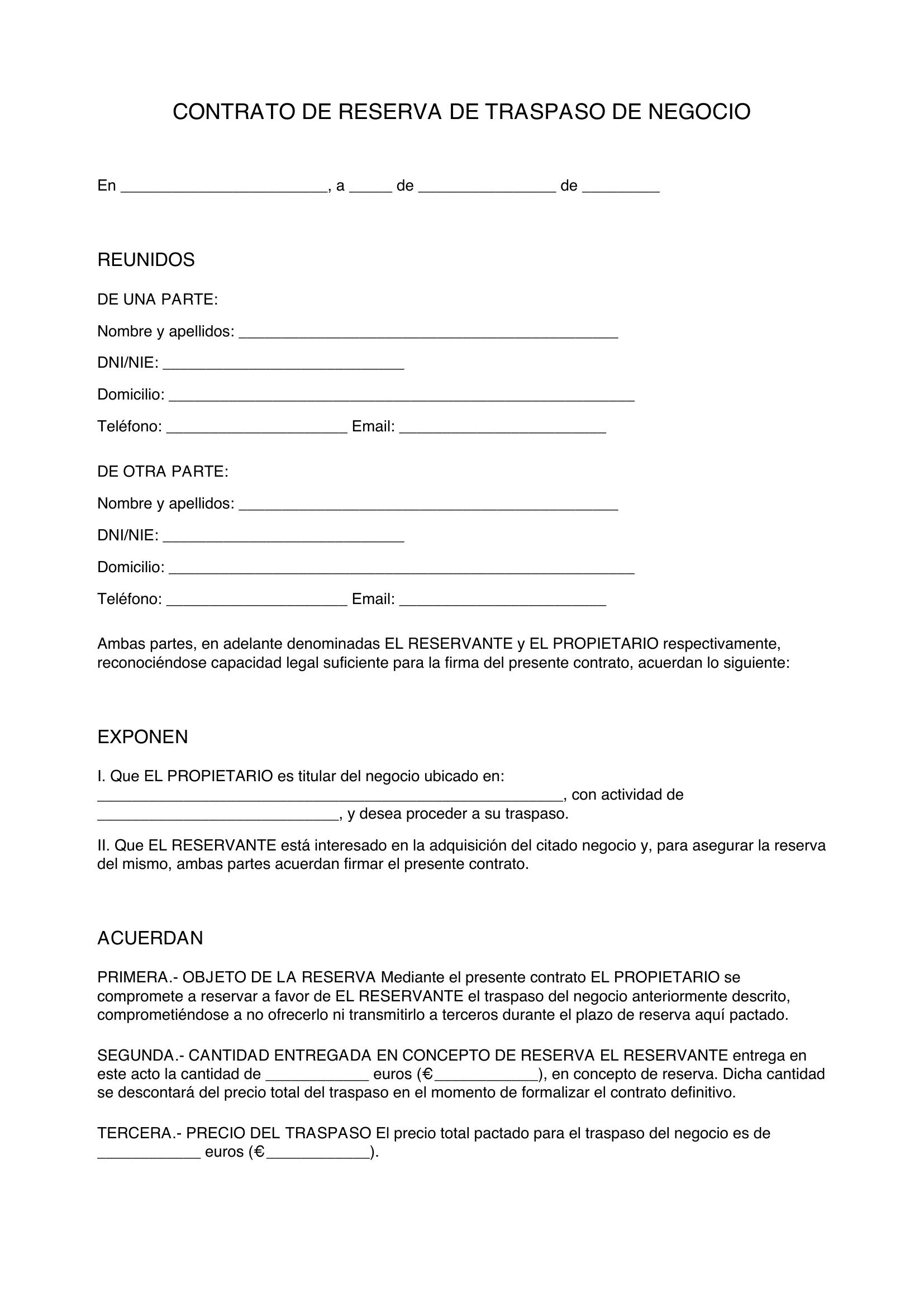 Contrato De Reserva De Traspaso De Negocio