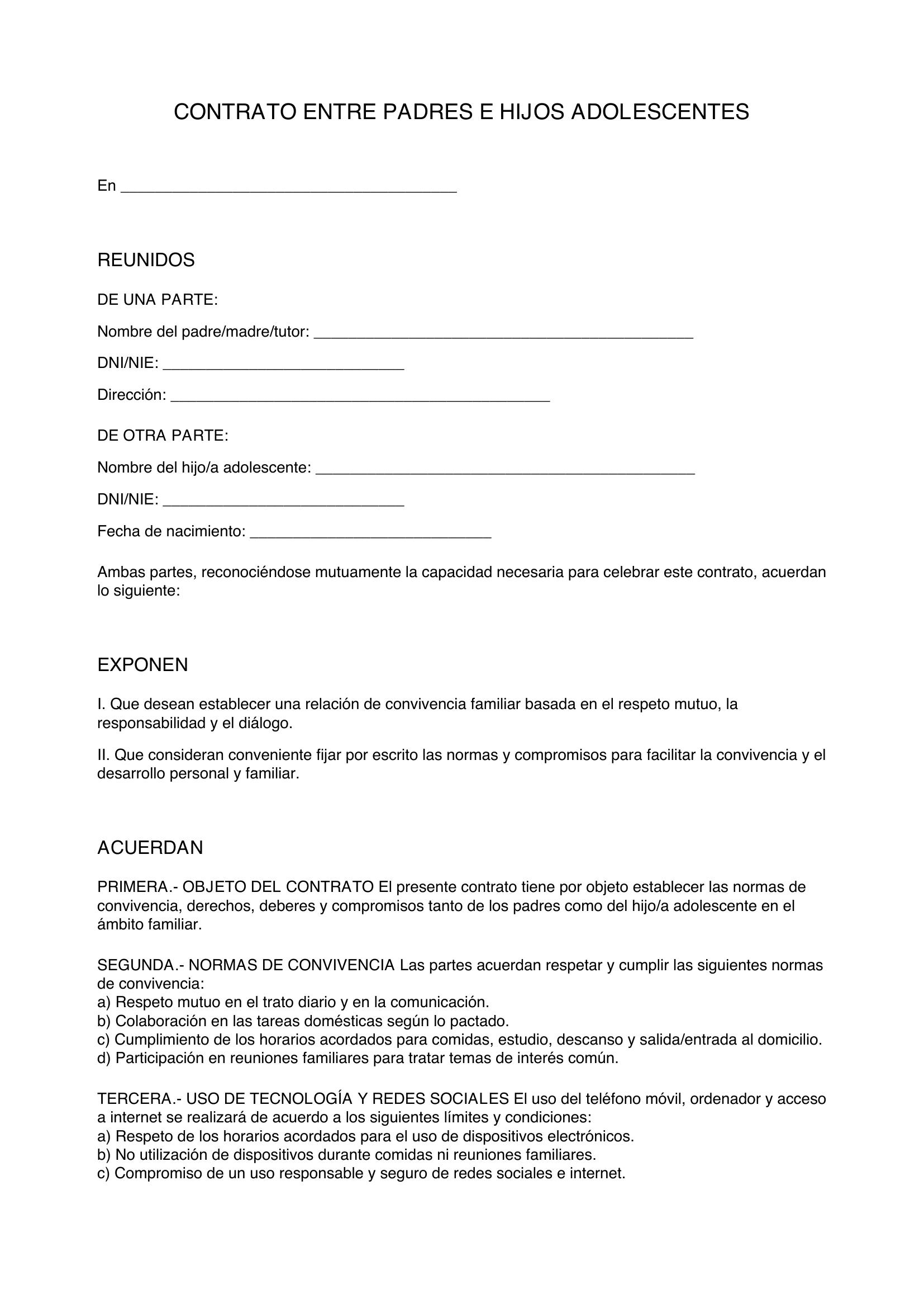 Modelo De Contrato Entre Padres E Hijos Adolescentes