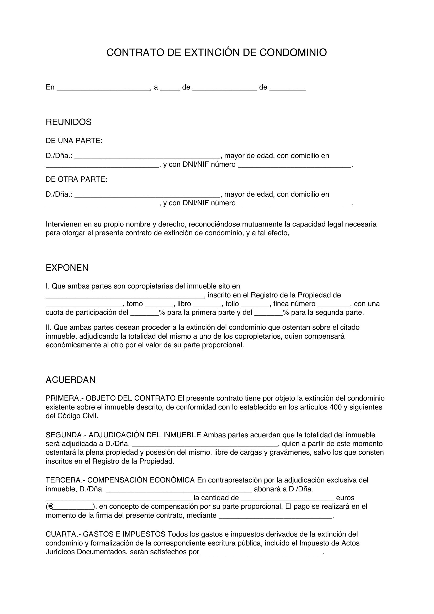 Modelo Contrato Extinción De Condominio