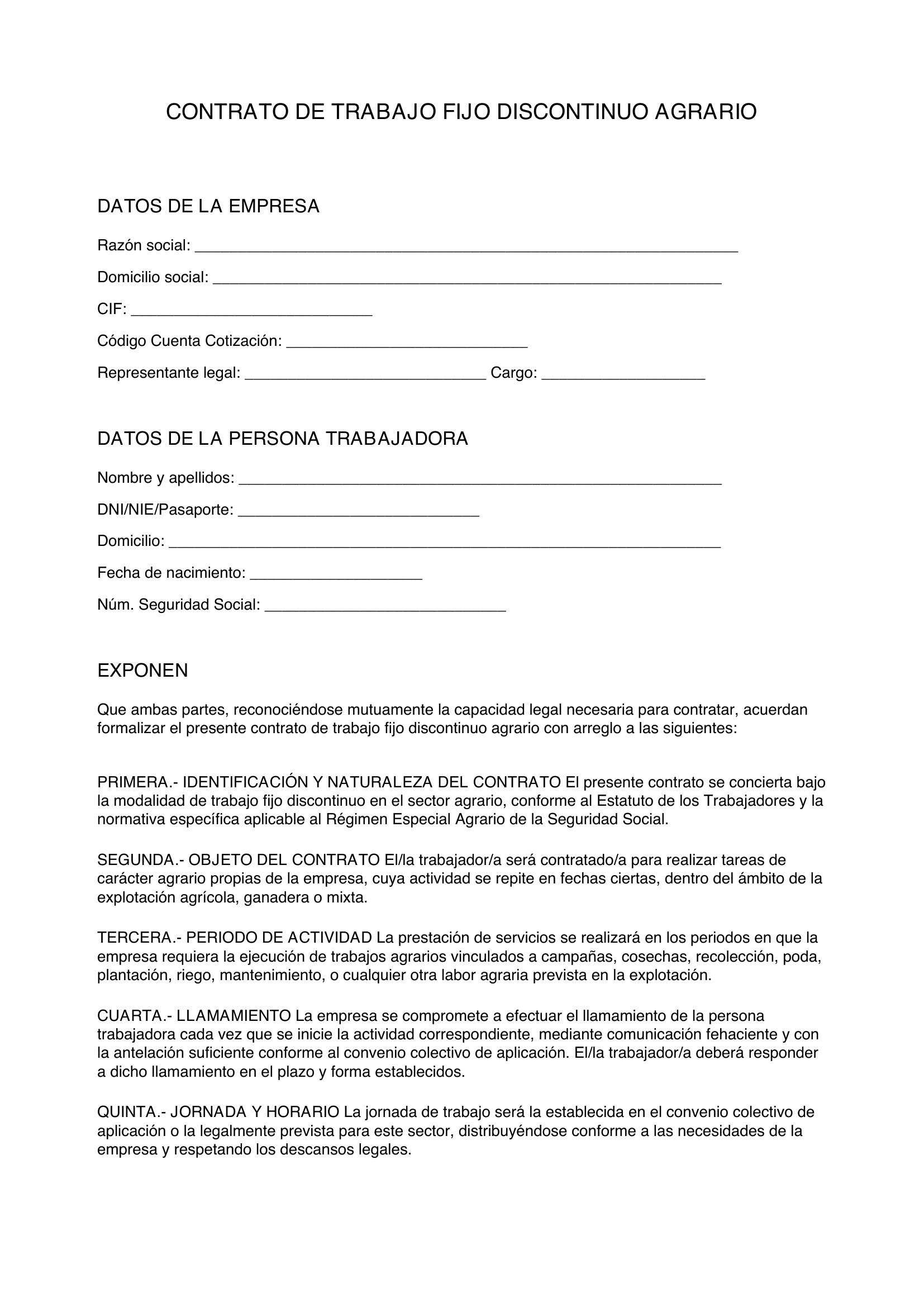 Modelo Contrato Fijo Discontinuo Agrario