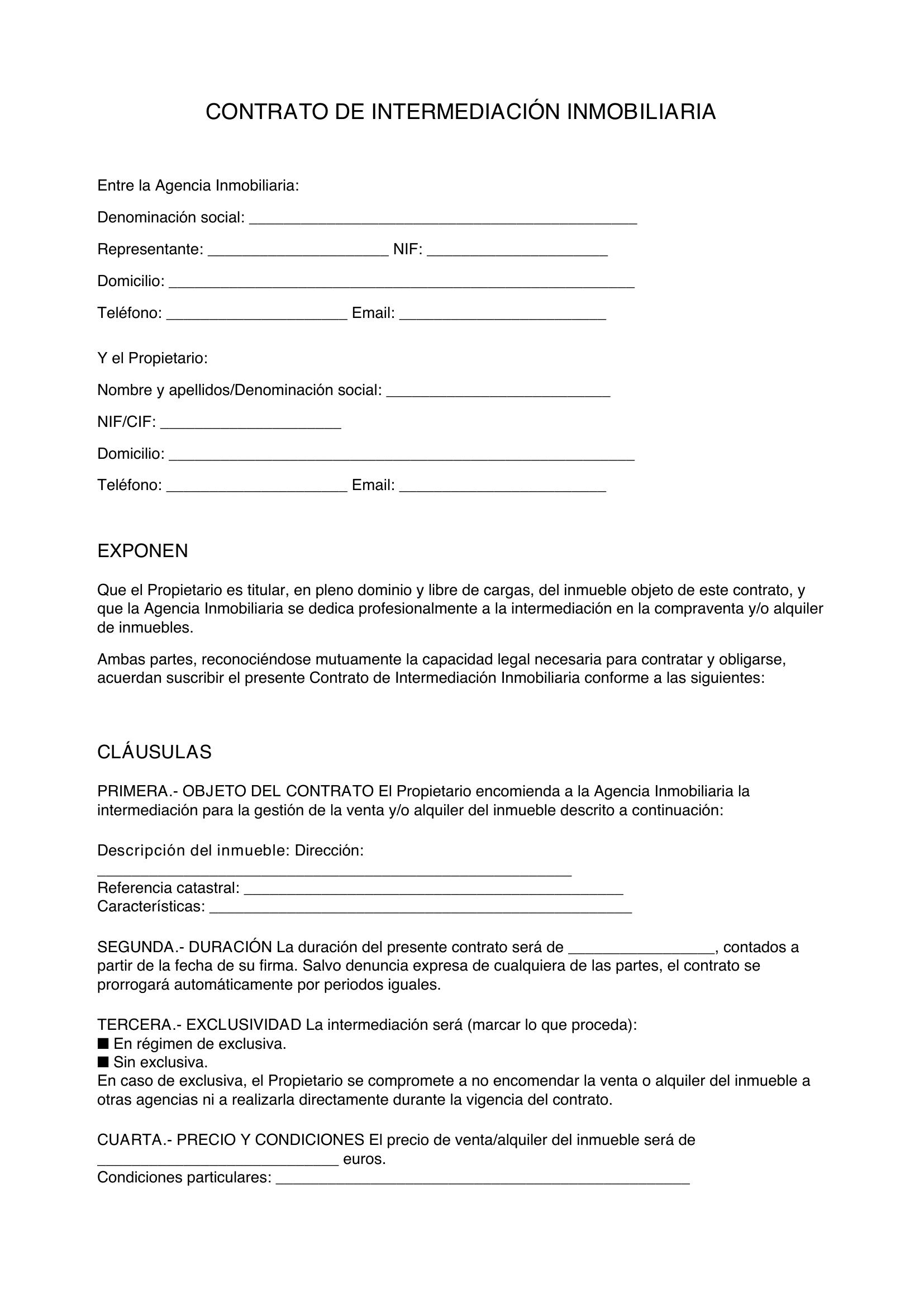 Modelo Contrato Intermediación Inmobiliaria