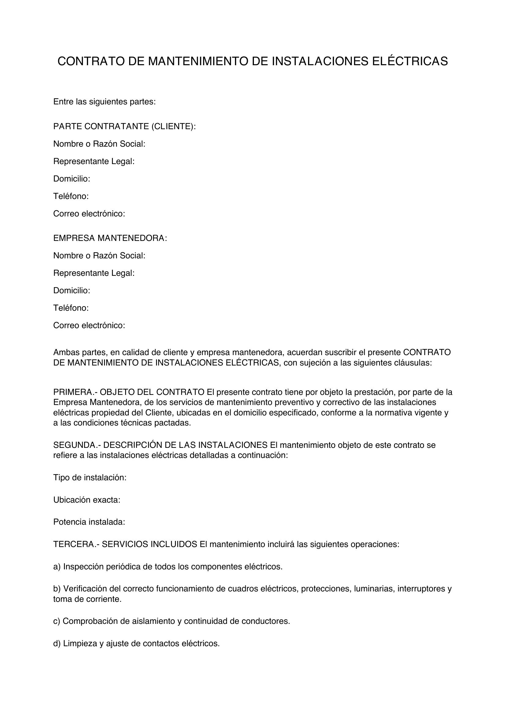 Modelo Contrato Mantenimiento Instalaciones Eléctricas