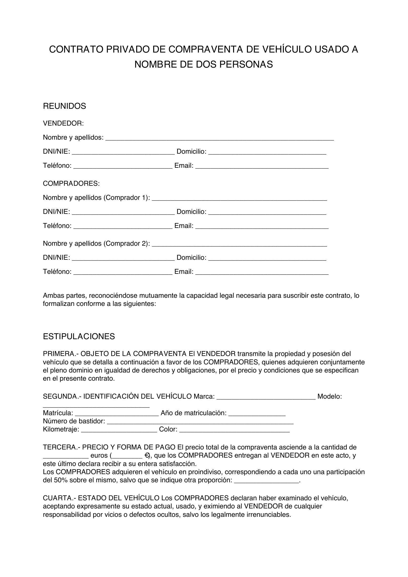 Modelo Contrato Privado De Coche A Nombre De Dos Personas