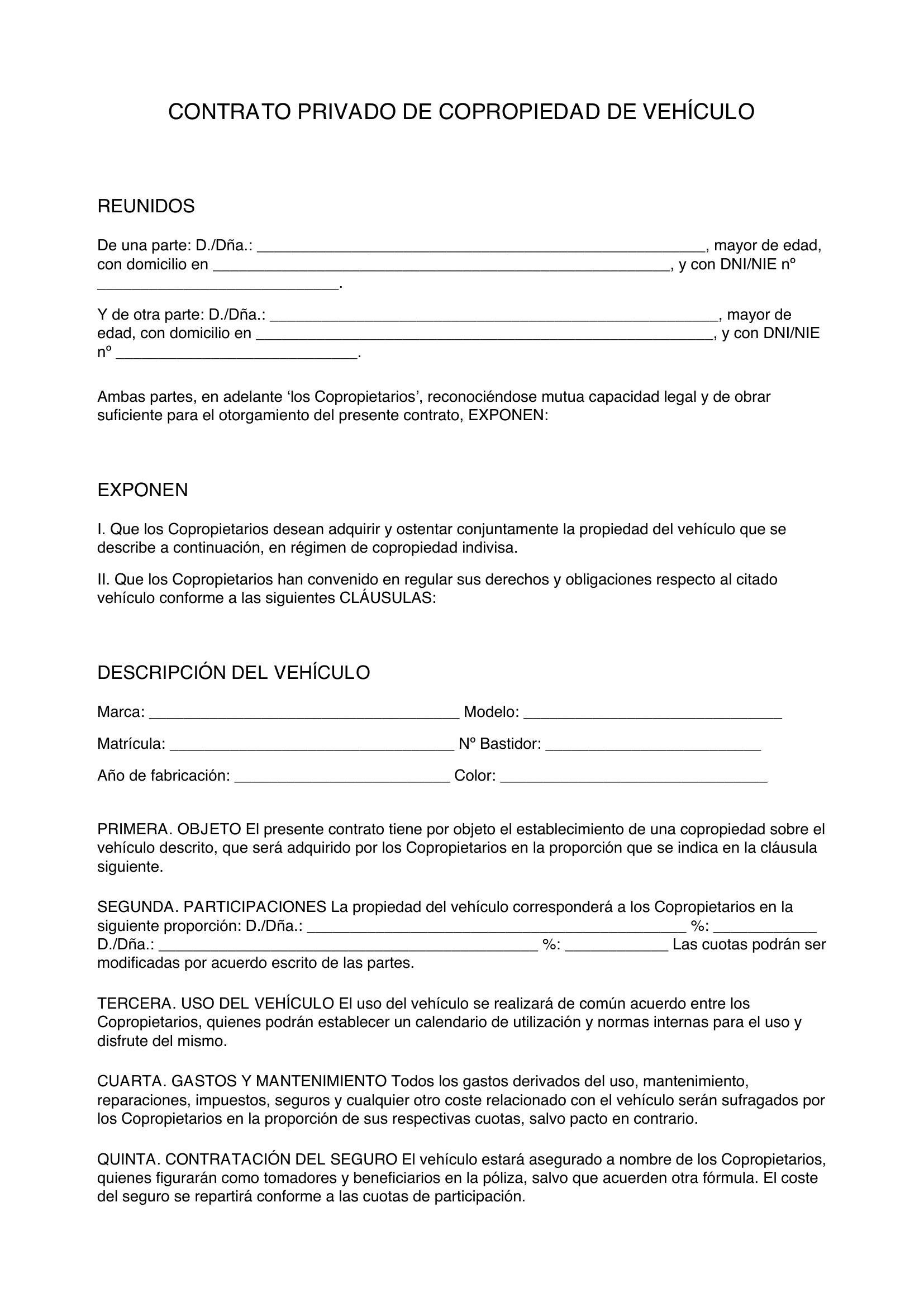 Modelo Contrato Privado De Copropiedad De Vehículo